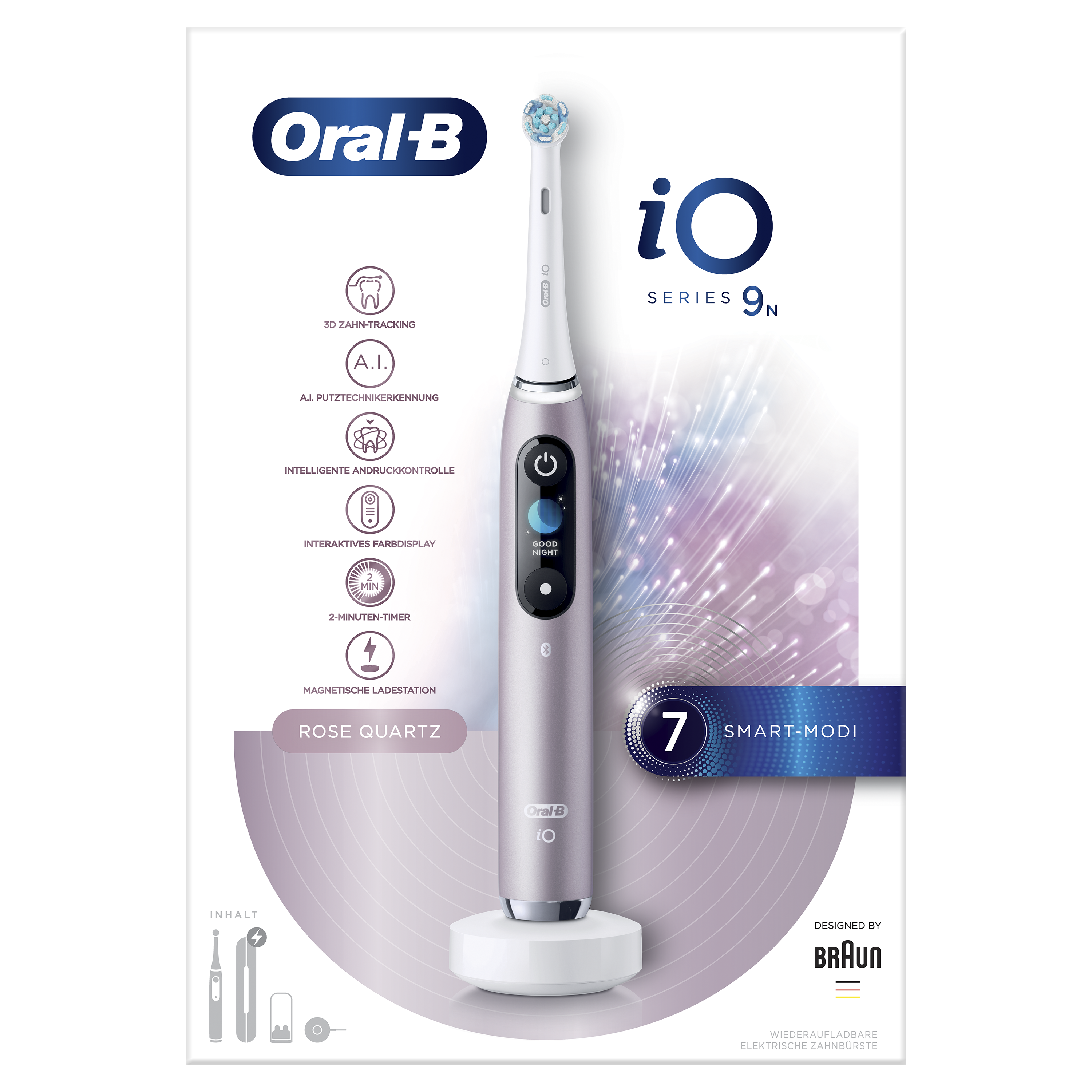 Elektryczna szczoteczka Oral-B iO Series 9N w kolorze różowego kwarcu, z funkcjami i specyfikacjami.