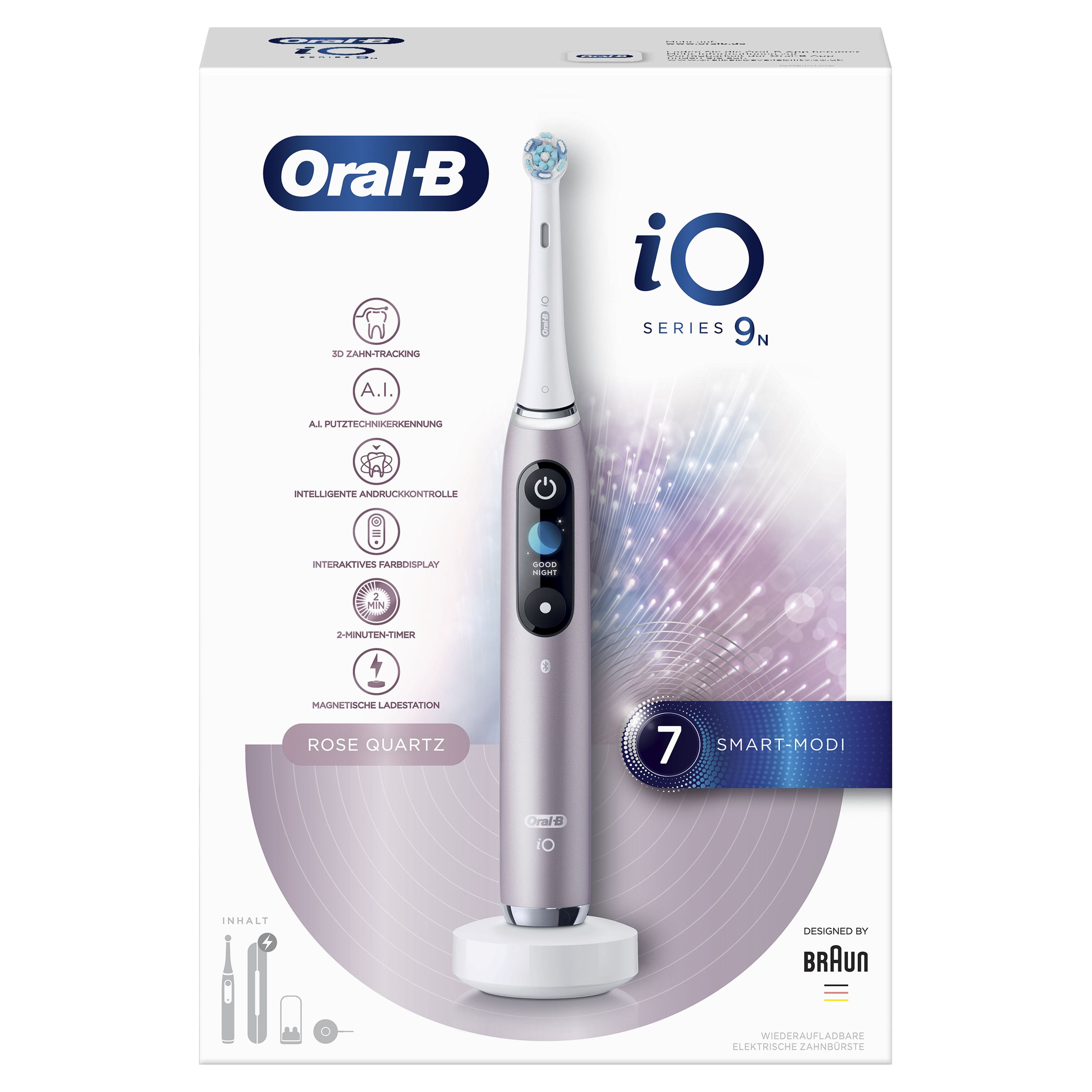 Pudełko szczoteczki elektrycznej Oral-B iO Series 9N. Jest w kolorze różowego kwarcu, ze szczoteczką i ładowarką.
