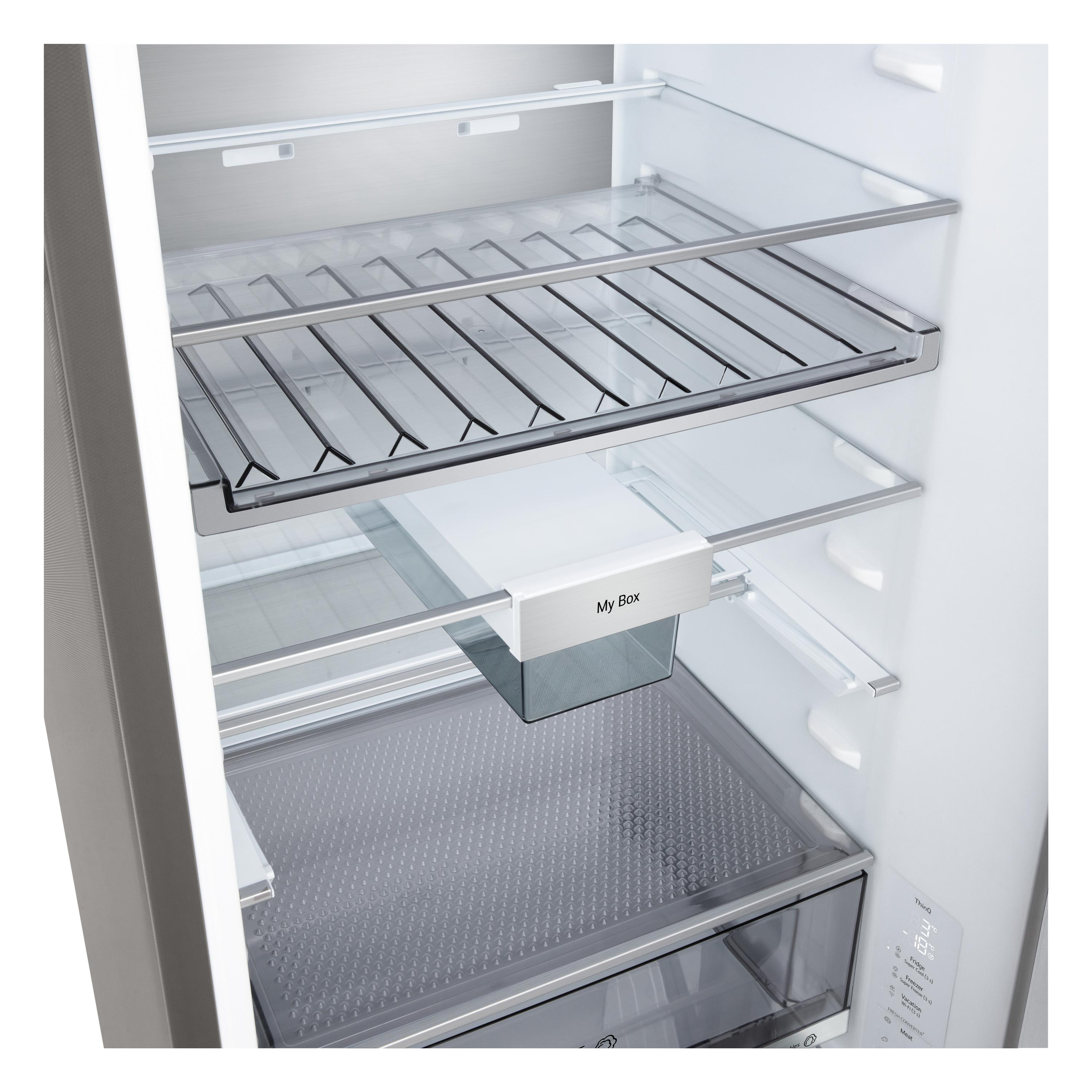 Im Kühlschrank sind Regale, Schubladen und ein 'My Box'-Behälter zu sehen. Digitalanzeige mit Temperatur.