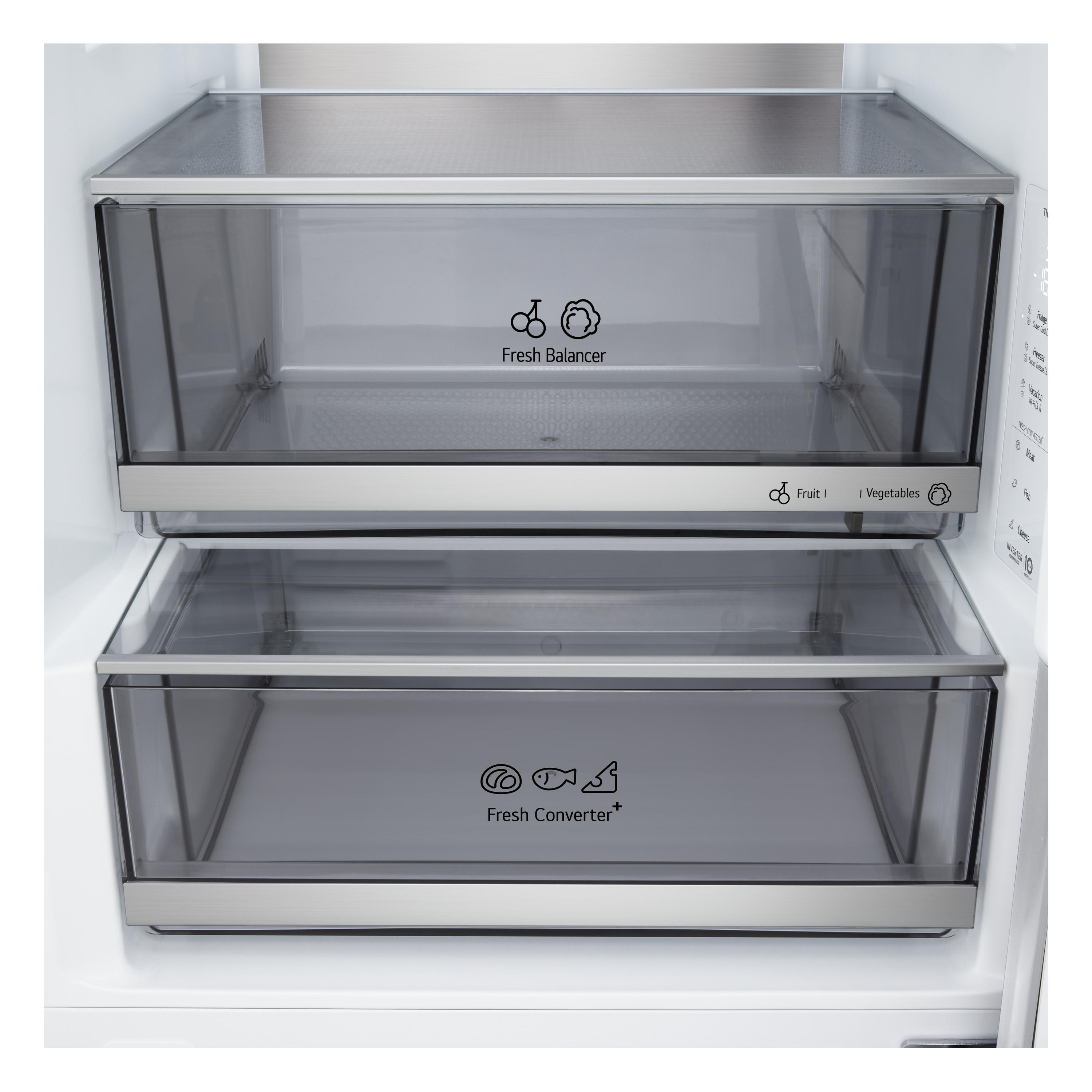 In einem Kühlschrank sind zwei transparente Schubladen zu sehen. Die obere Schublade ist mit 'Fresh Balancer' beschriftet.