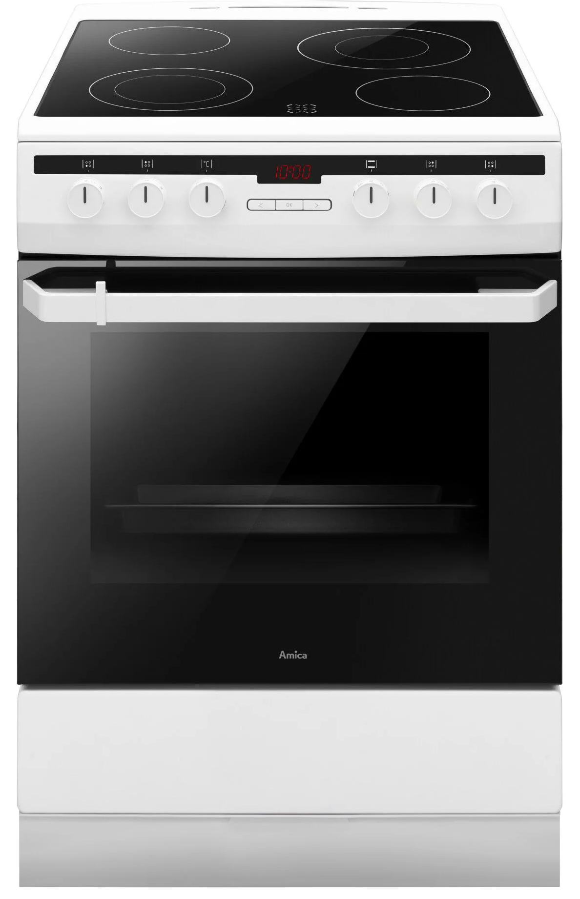 Biała kuchenka elektryczna z czarną płytą grzewczą i drzwiami piekarnika. Wyświetlacz cyfrowy pokazuje 10:00. Pokrętła i uchwyt.