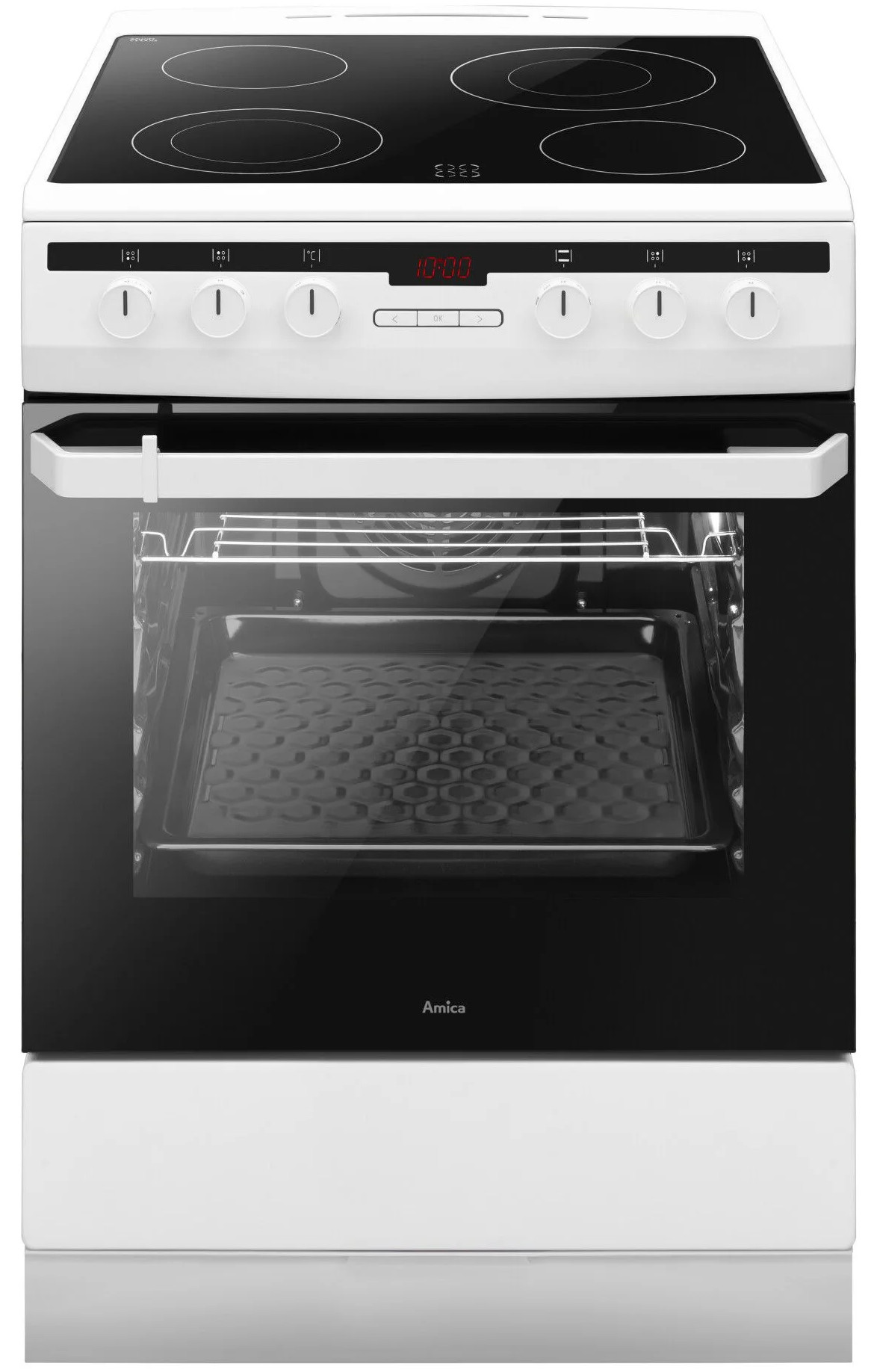 Biały piekarnik elektryczny z czarnym szklanym blatem i drzwiami. Ma cztery palniki, zegar cyfrowy i blachę do pieczenia.