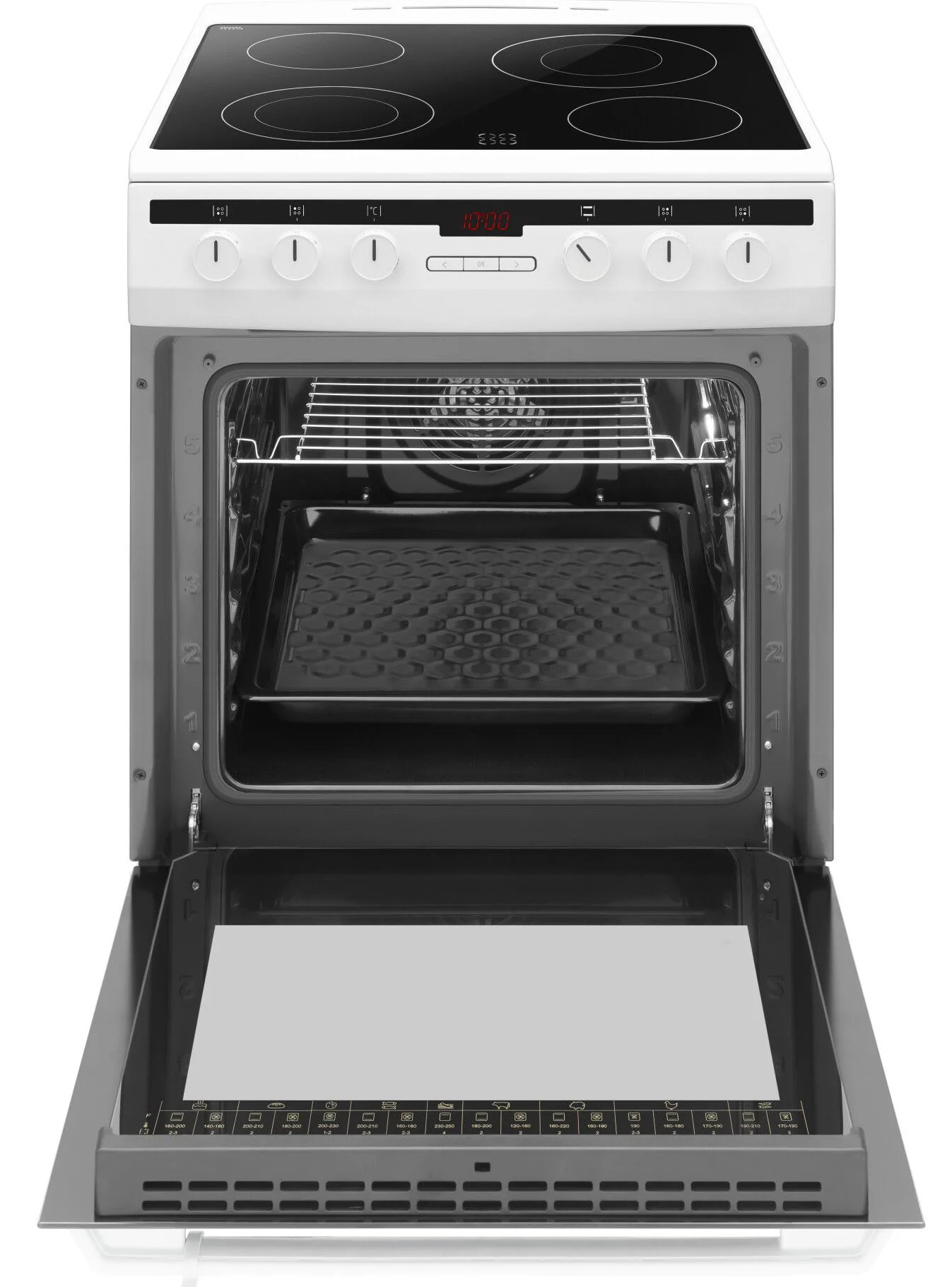 Biało-czarny piekarnik elektryczny z otwartymi drzwiami, pokazujący wnętrze z rusztem i tacką.