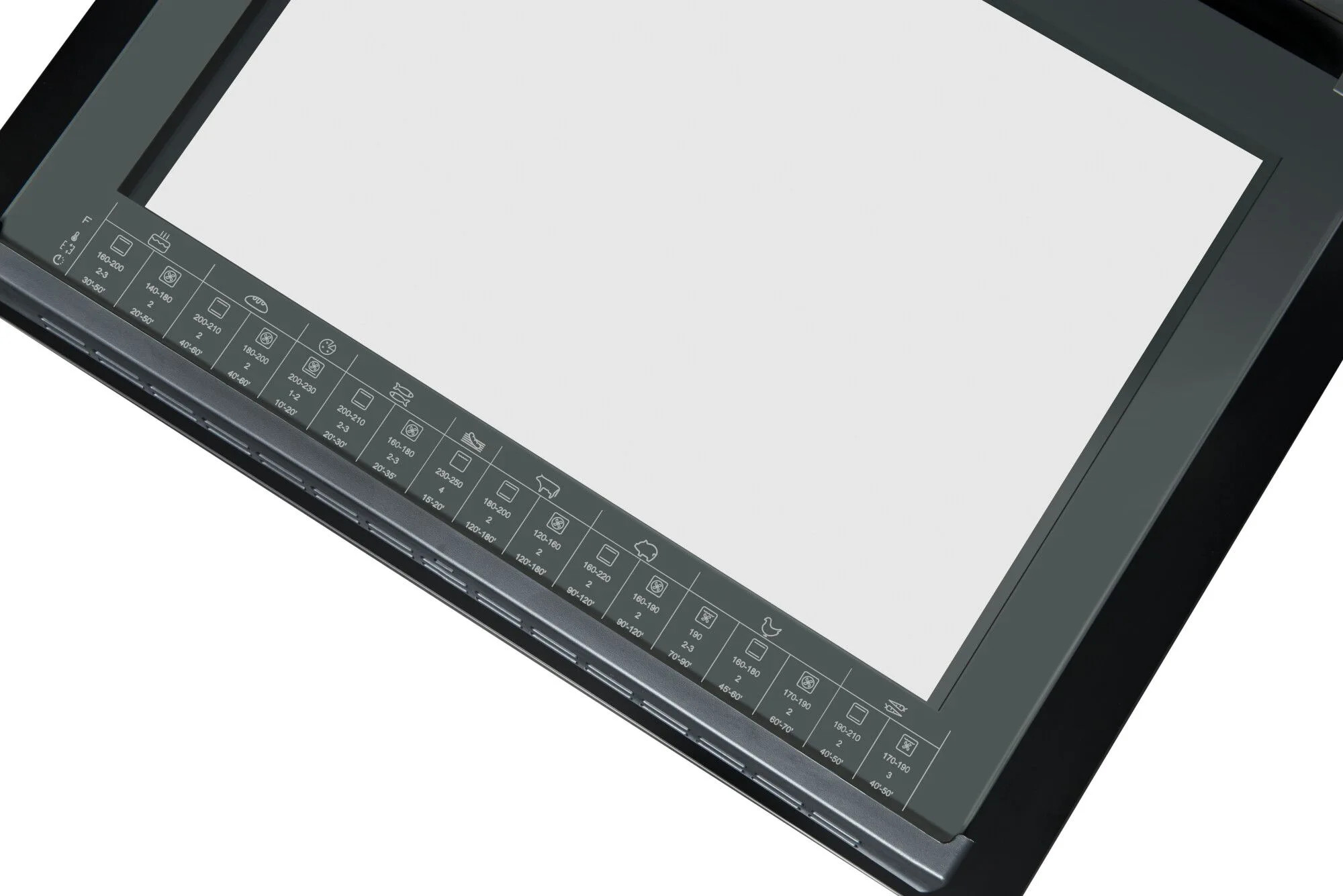 Panel sterowania piekarnika z wyświetlonymi różnymi ustawieniami gotowania. Znajdują się ikony dla różnych trybów gotowania i zakresów temperatur.