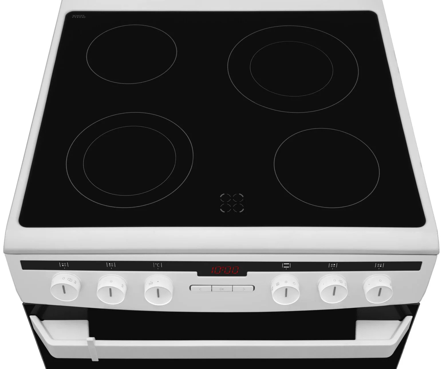 Biało-czarna kuchenka elektryczna. Cztery palniki na czarnej powierzchni. Widoczne pokrętła i wyświetlacz cyfrowy.