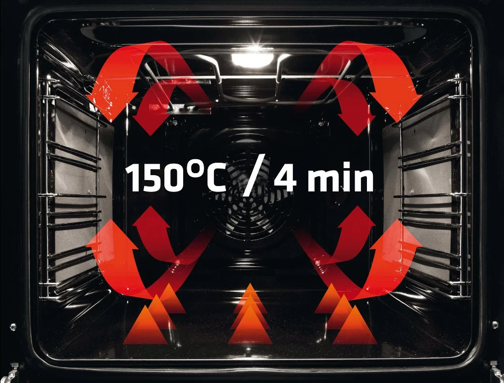 Wnętrze piekarnika. Czerwone strzałki pokazują obieg powietrza. Tekst: 150°C / 4 min. Dół: pomarańczowe trójkąty. Widoczne metalowe ruszty.