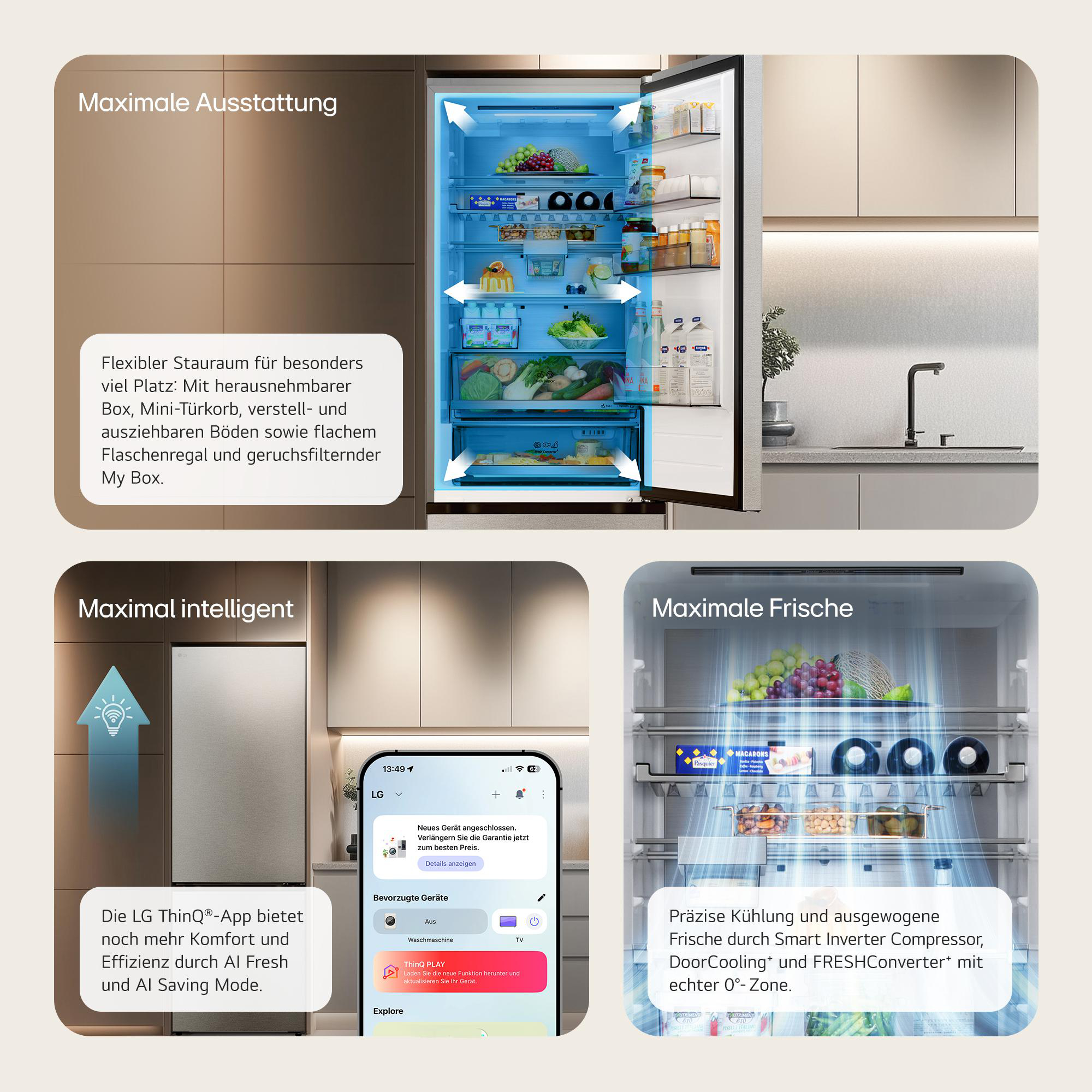 Offener Kühlschrank mit Lebensmitteln. Smartphone-App-Oberfläche. Text hebt Funktionen und Vorteile hervor.