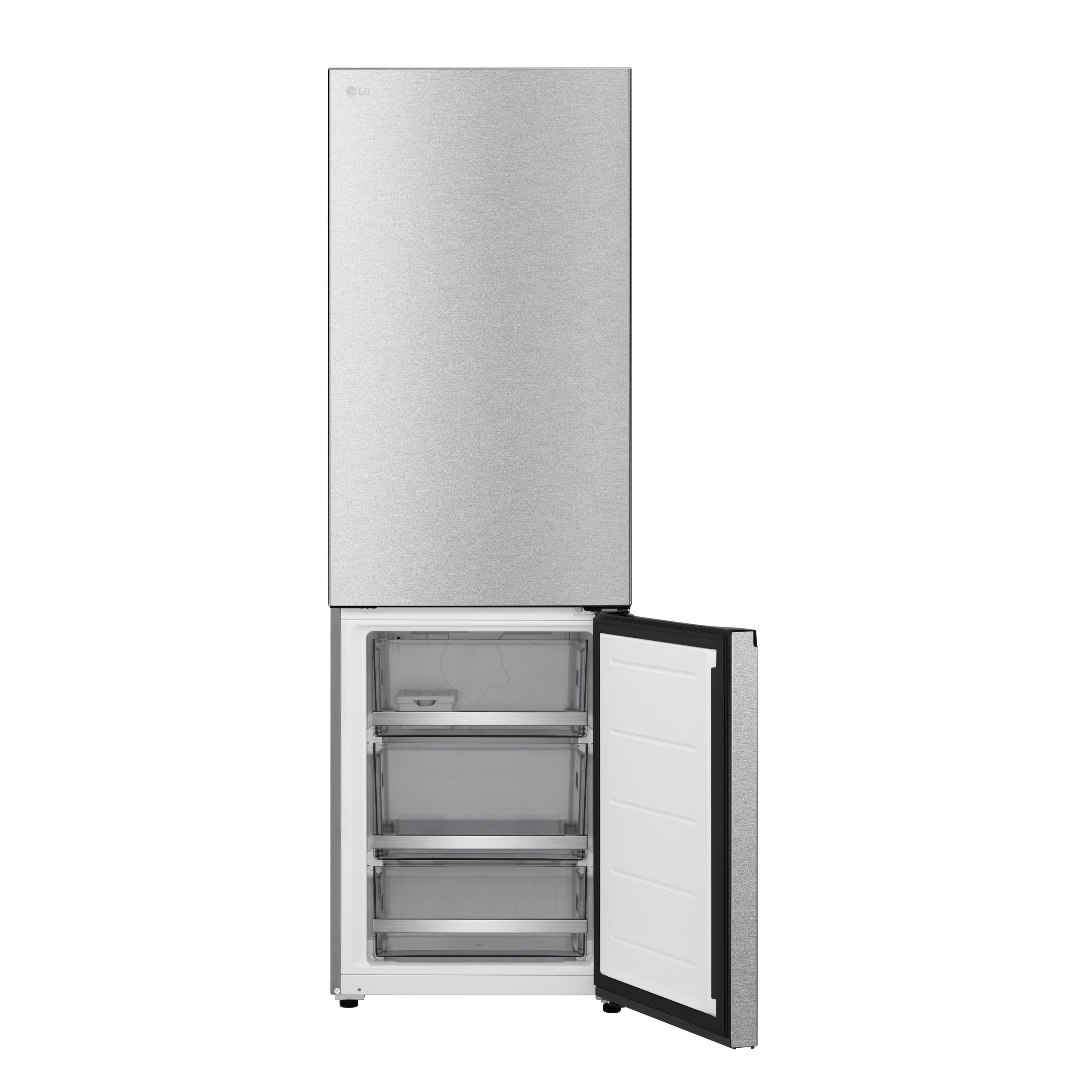 Ein Edelstahlkühlschrank mit geöffneter Gefriertür, die Schubladen freigibt. Das LG-Logo ist sichtbar.