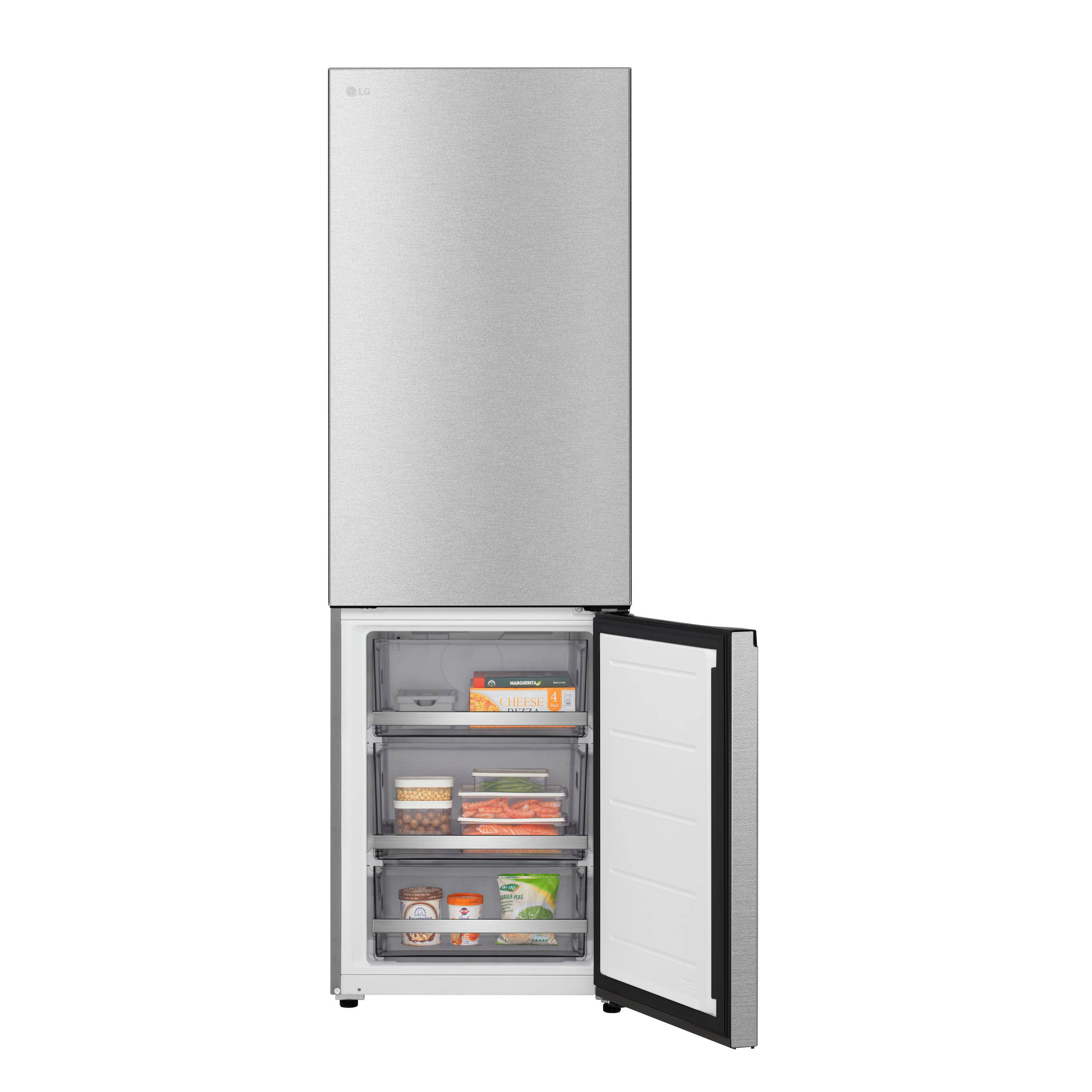 Ein silberner LG-Kühlschrank mit geöffneter unterer Gefriertür. Im Inneren befinden sich Schubladen mit Lebensmitteln, darunter Pizzen und Gemüse.