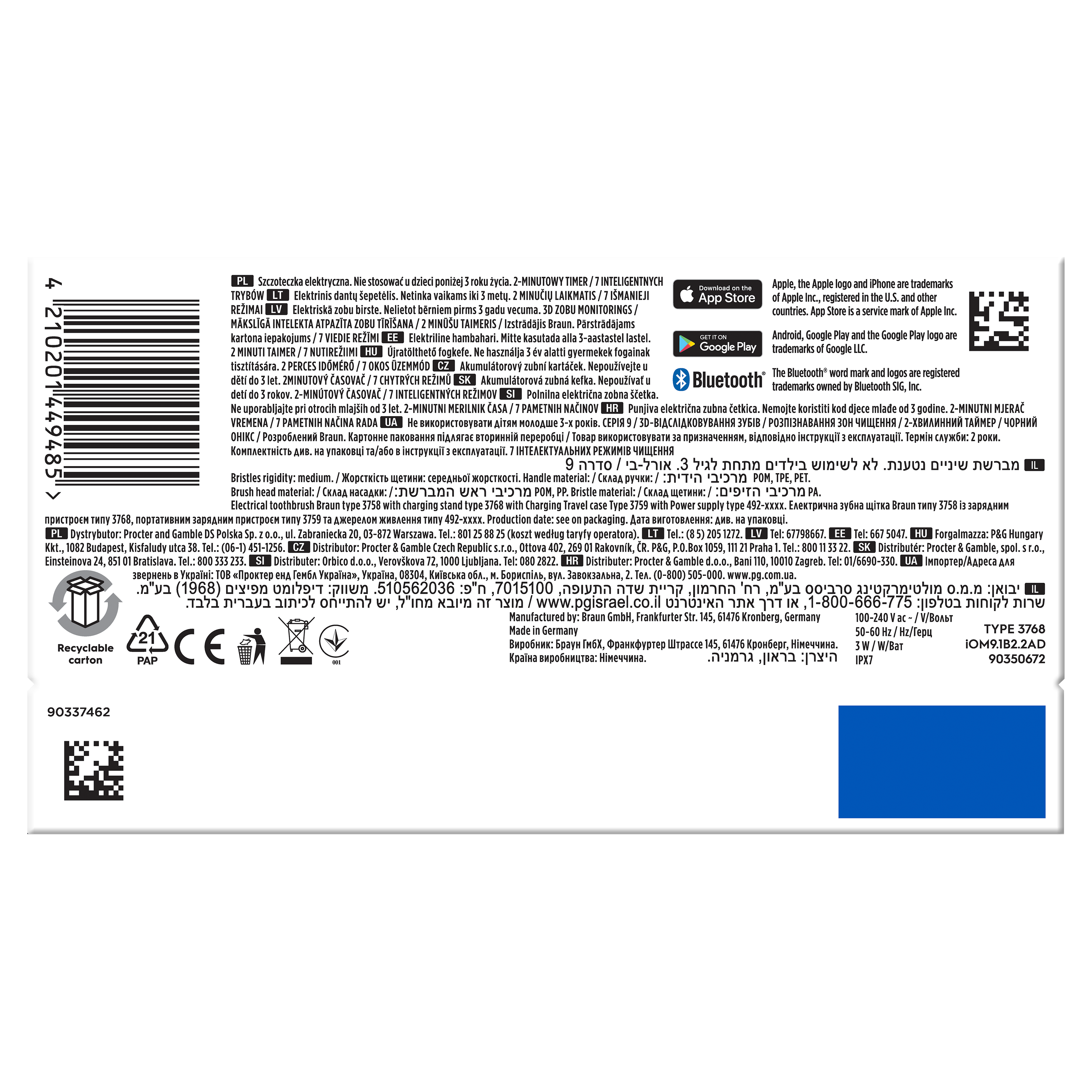 Białe pudełko z tekstem i symbolami. Widoczny kod kreskowy i logo Braun.