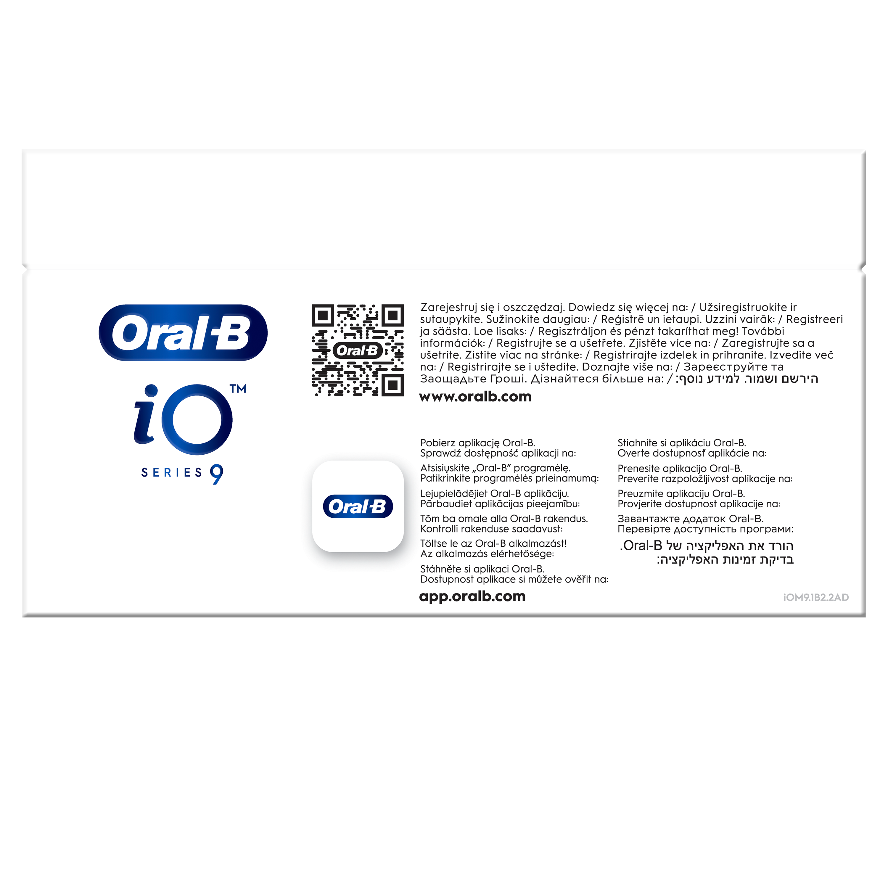 Obraz przedstawia markę Oral-B iO Series 9 oraz instrukcje w kilku językach. Kod QR i strona internetowa.