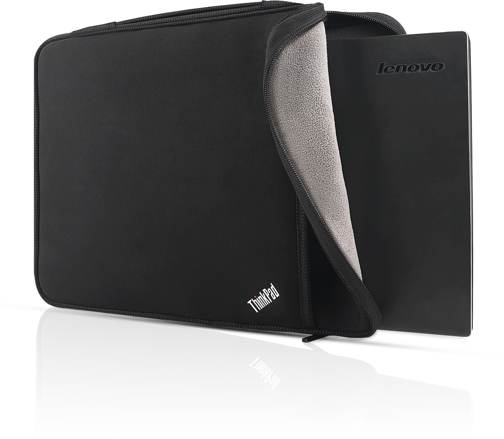 Egy fekete ThinkPad laptop tok, benne egy laptop. A tok nyitva van, szürke belsőt mutat. A Lenovo logó látható.