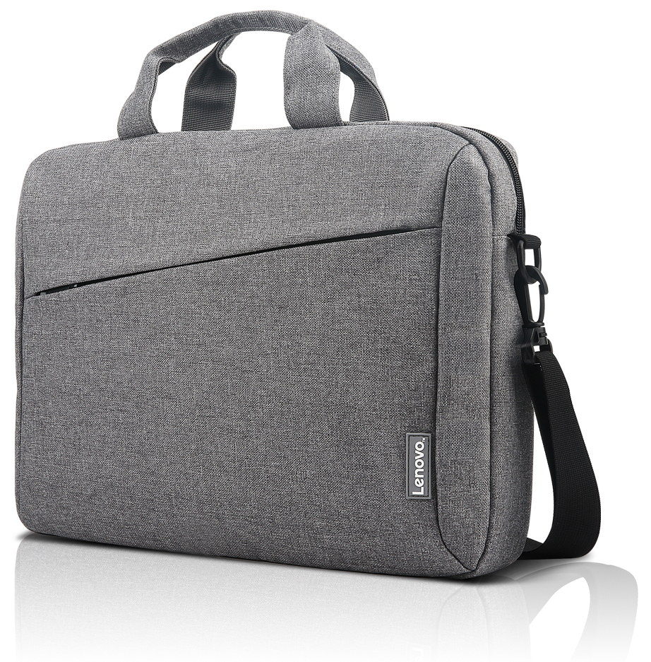 Egy szürke Lenovo laptop táska fogantyúval és vállpánttal. Van egy elülső zsebe és a Lenovo logó.