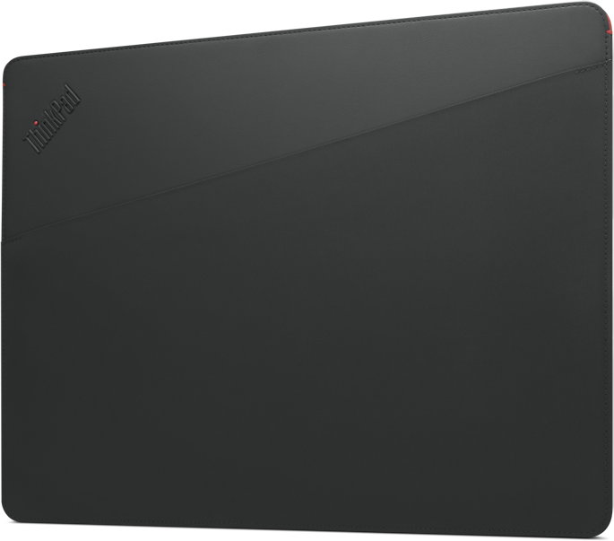 Fekete ThinkPad laptop tok. Átlós varrás az elején. Piros varrás a széleken. ThinkPad logó a bal felső sarokban.