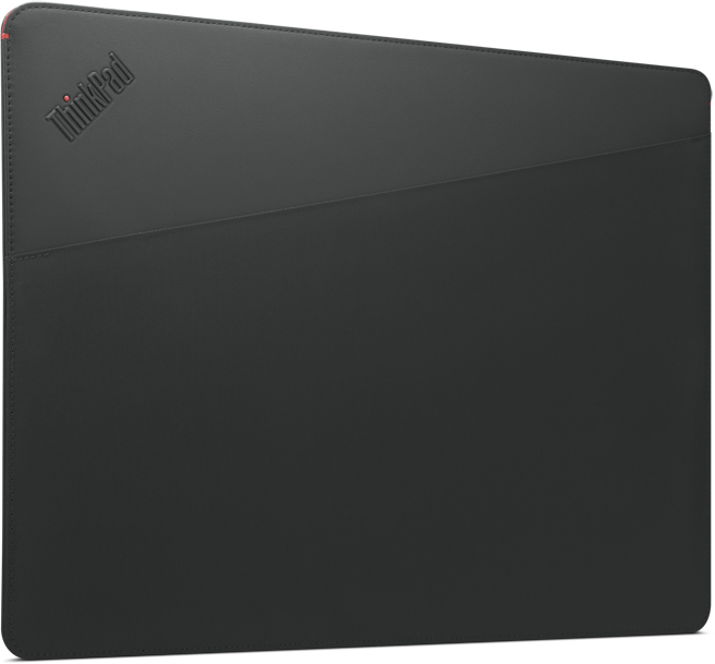 Fekete ThinkPad laptop tok. A logó dombornyomott. Piros díszítés az oldalon. Átlós varrás az elején.