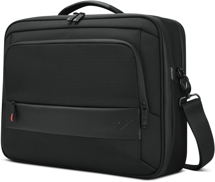 Fekete ThinkPad laptop táska. Fogantyúval, vállpánttal és több rekesszel rendelkezik. A ThinkPad logója látható.