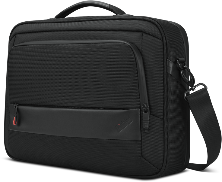 Egy fekete ThinkPad aktatáska fogantyúval, vállpánttal és több rekesszel. Cipzárral és piros díszítéssel rendelkezik.