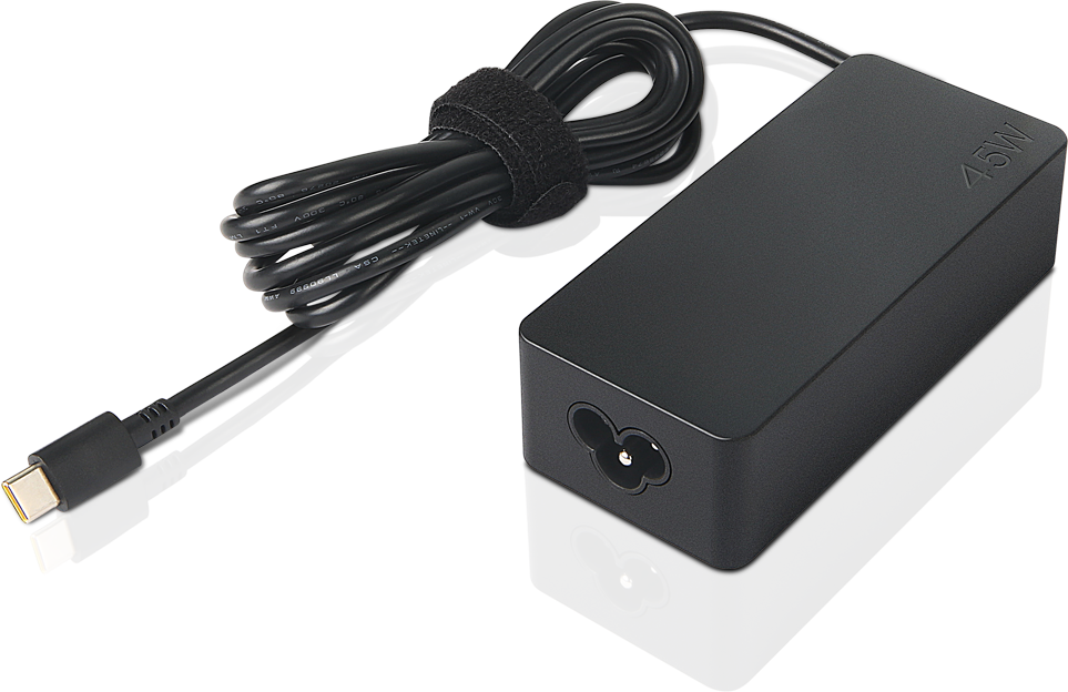 Fekete laptop töltő, összecsomagolt kábellel. A töltő 45W-os. A kábel USB-C csatlakozóval rendelkezik.