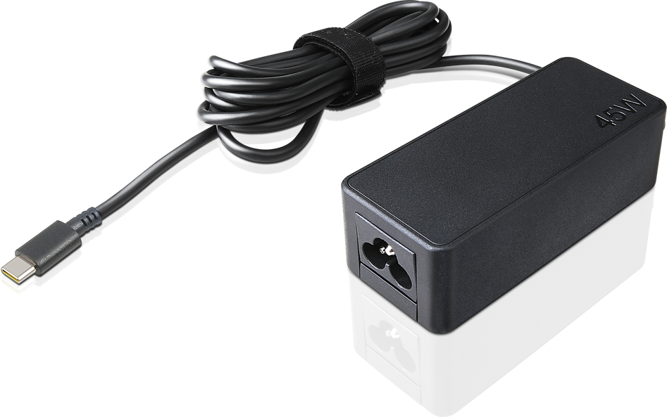 Egy fekete 45 W-os laptop töltő USB-C csatlakozóval. A kábel fel van tekerve, tépőzárral rögzítve.