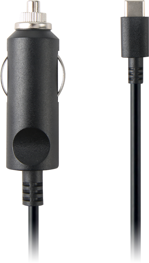 Fekete autós töltő és USB-C kábel szürke-fehér háttér előtt. Az autós töltő ezüst hegyű.
