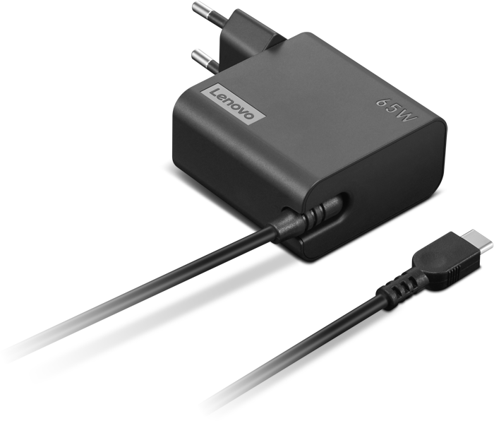Egy fekete Lenovo 65W-os töltő USB-C kábellel és dugóval.