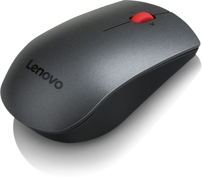 Egy szürke Lenovo vezeték nélküli egér. Piros görgője és fekete alapja van. A Lenovo logó látható.