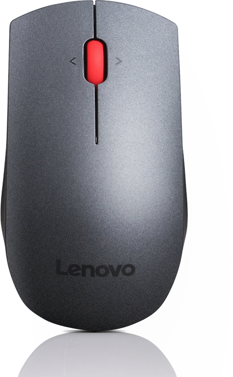 Egy szürke Lenovo egér piros görgővel. Az egér egy fehér felületen van, tükröződéssel.