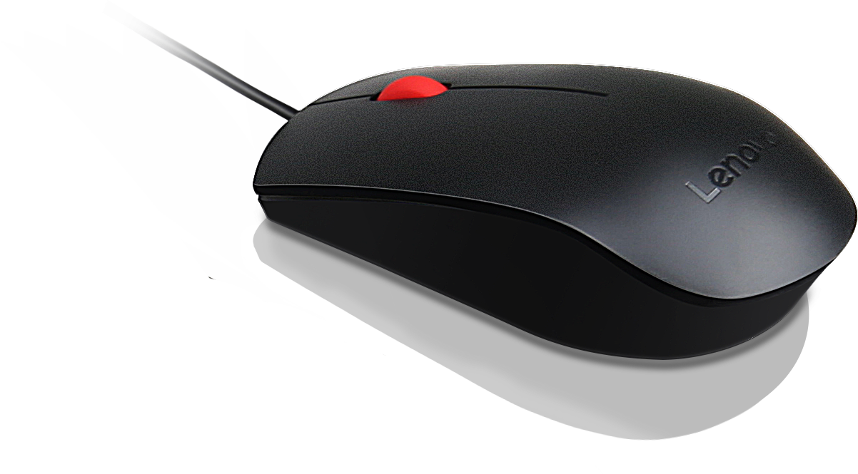 Fekete Lenovo egér piros gombbal és kábellel. Az egér fehér háttéren van, árnyékkal.