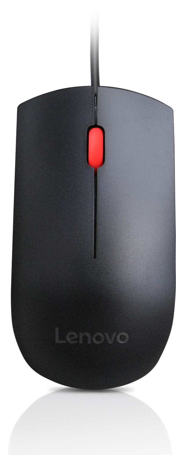 Fekete Lenovo egér piros csíkkal. A kábel felül van. Az egér egy fényvisszaverő felületen nyugszik.