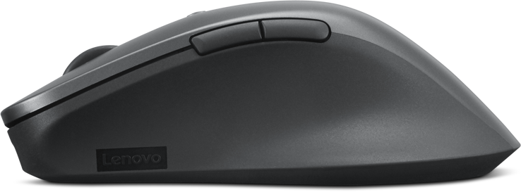 Egy szürke Lenovo vezeték nélküli egér. Két gomb van rajta felül, és egy görgő. A Lenovo logó látható.