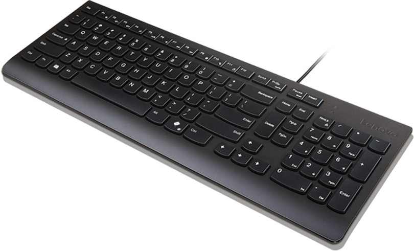 Fekete Lenovo billentyűzet fehér háttéren. Betűk, számok és szimbólumok gombjai vannak. A kábel látható.