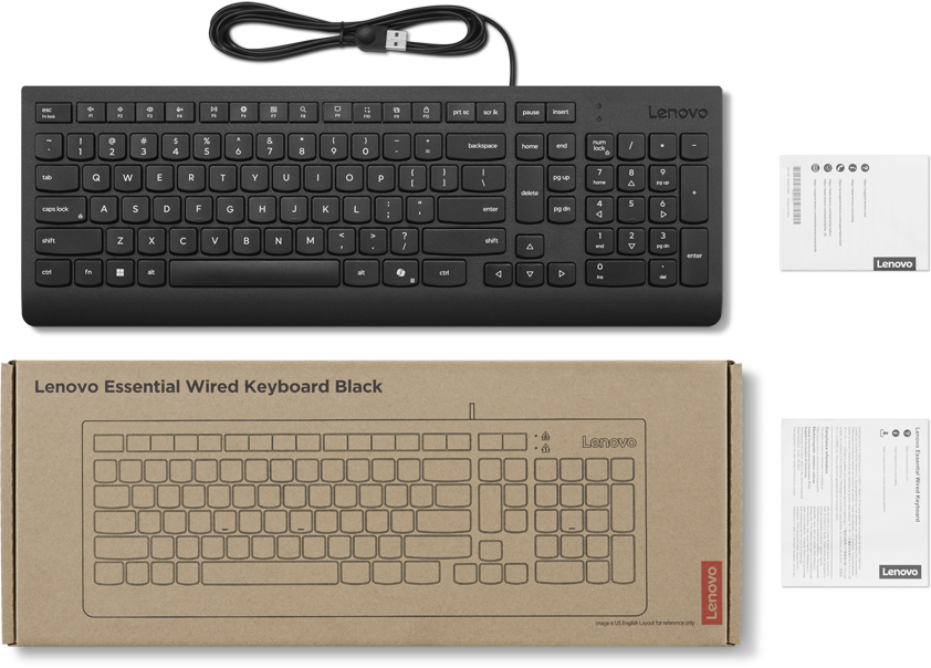 Fekete Lenovo billentyűzet kábellel, és egy doboz a billentyűzet képével. Kis papírok logókkal is láthatók.