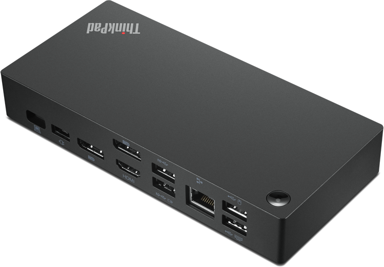 Egy fekete ThinkPad dokkoló. Különböző portokkal rendelkezik: HDMI, USB, Ethernet. A ThinkPad logója látható.