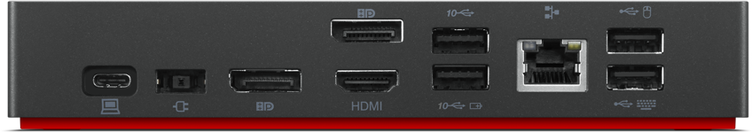 Fekete dokkolóállomás, sok porttal, USB-vel, HDMI-vel és Ethernettel, piros alapzattal.