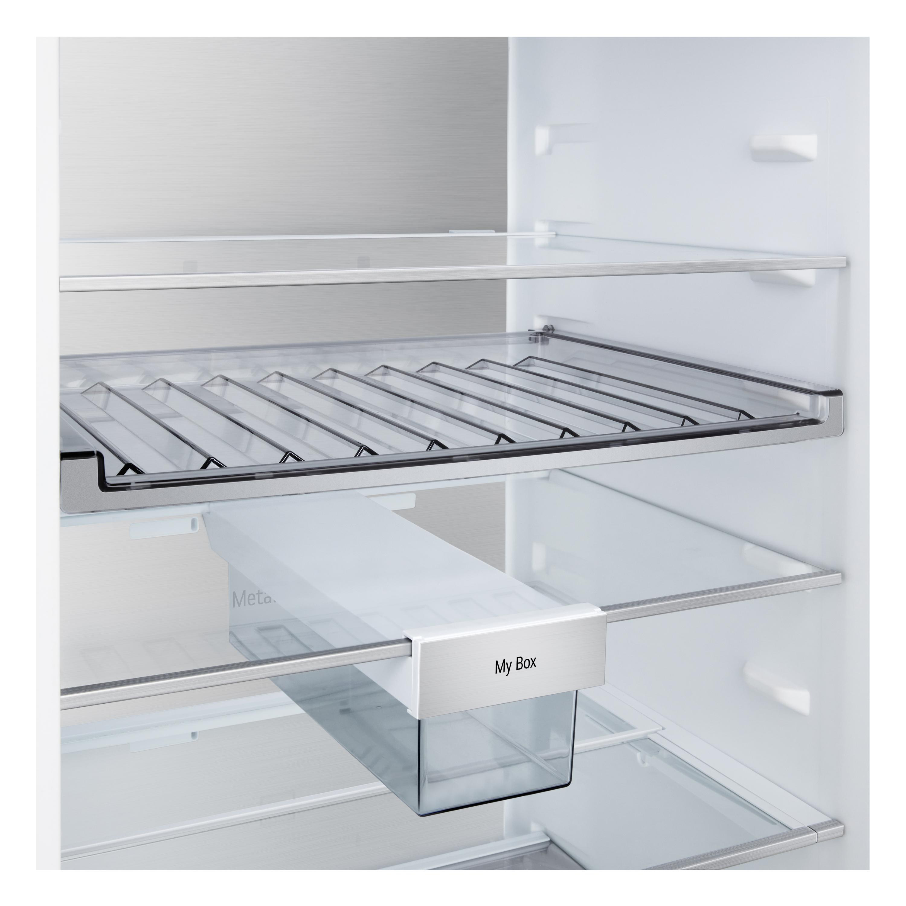Im Inneren eines Kühlschranks sind Regale und eine mit „My Box“ beschriftete Box zu sehen. Das Innere ist weiß und metallisch.