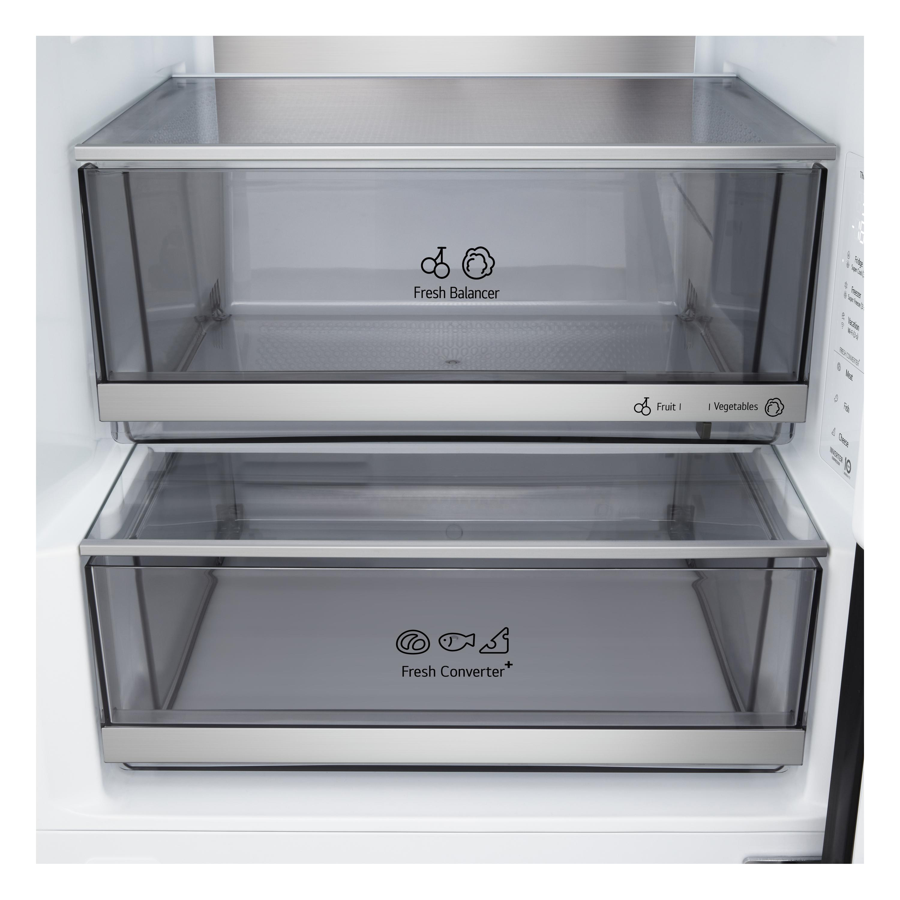 Im Kühlschrank sind zwei transparente Schubladen zu sehen. Die obere Schublade ist mit Fresh Balancer beschriftet, die untere mit Fresh Converter+.