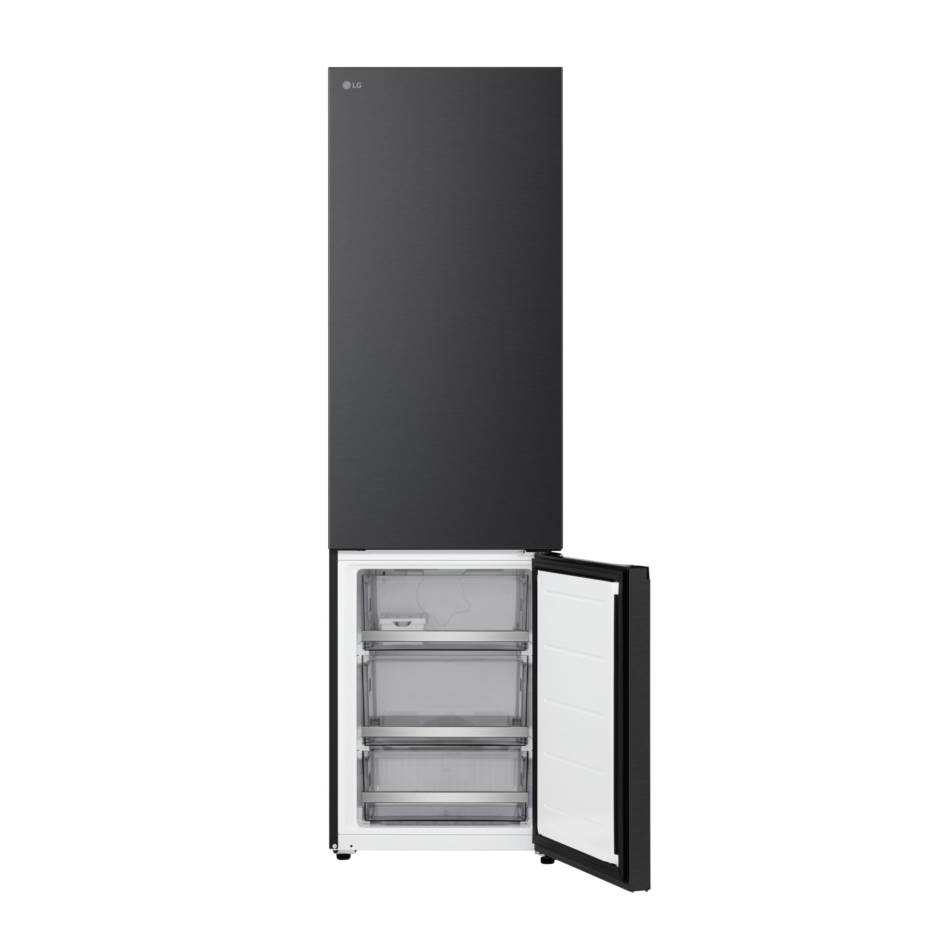 Ein schwarzer Kühlschrank mit geöffneter Gefriertür, die Schubladen freigibt. Das LG-Logo ist oben.