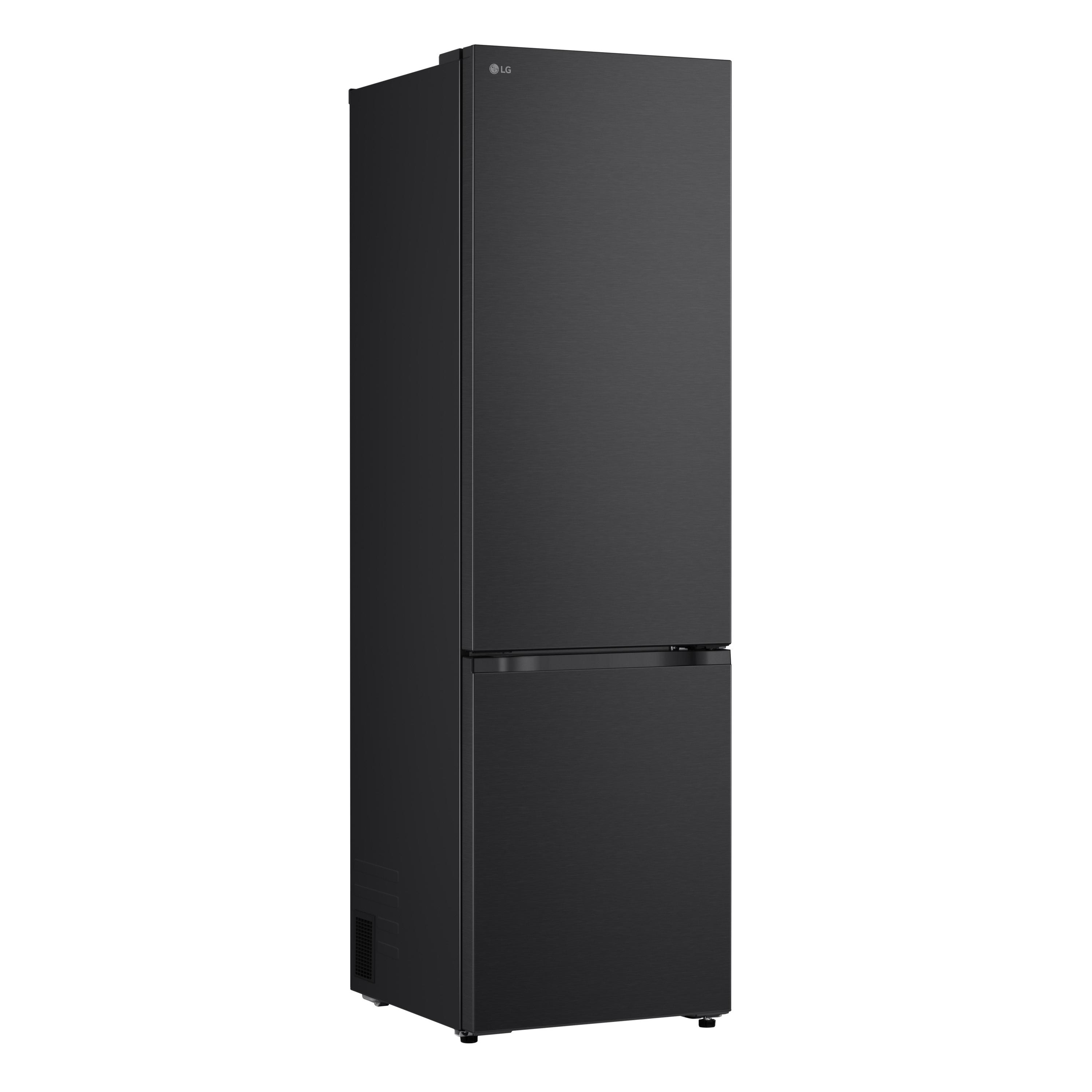 Ein schwarzer LG-Kühlschrank. Er hat zwei Türen. Das LG-Logo ist auf der oberen Tür sichtbar.