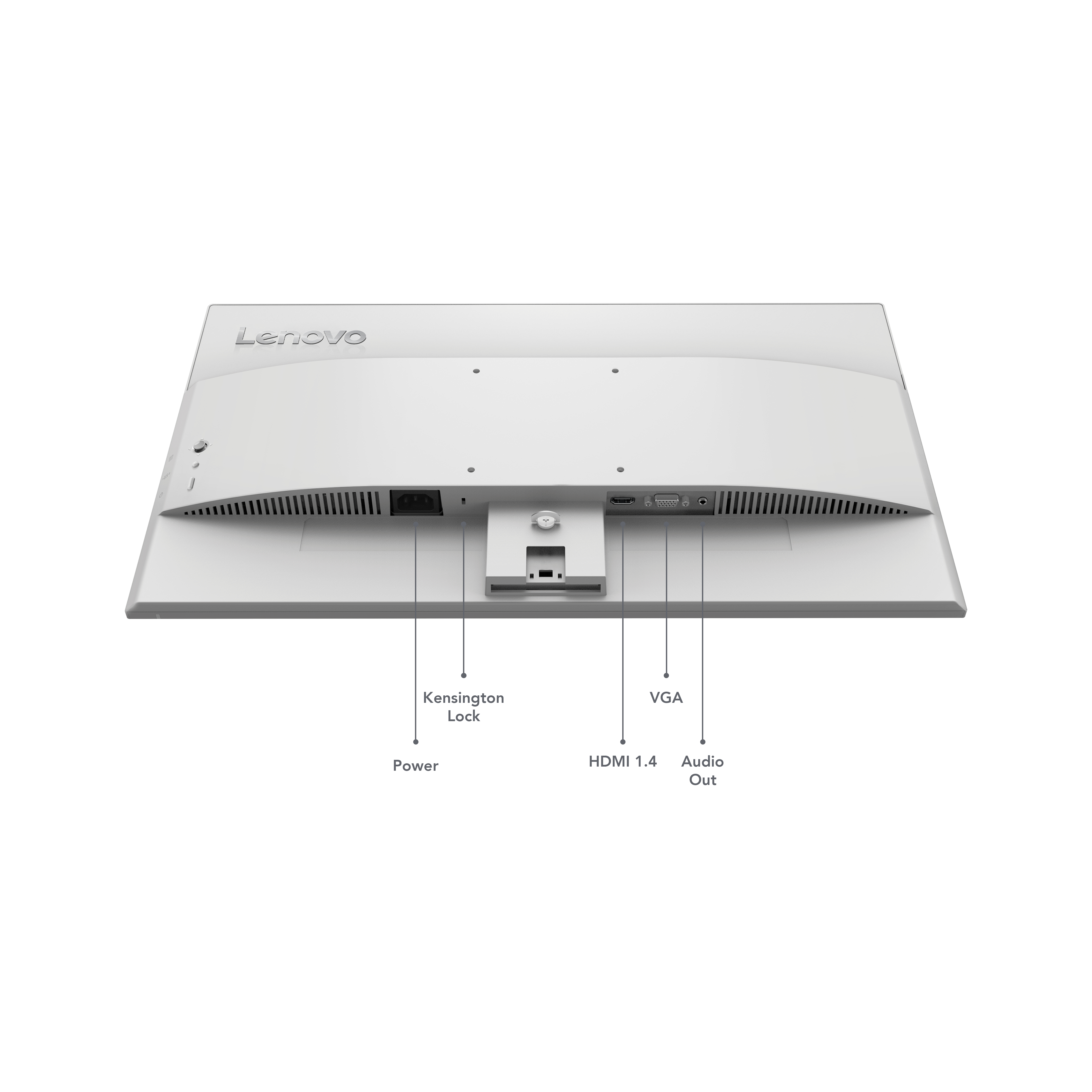 Die Rückseite eines weißen Lenovo-Monitors. Anschlüsse sind Strom, Kensington-Schloss, HDMI, VGA und Audioausgang.