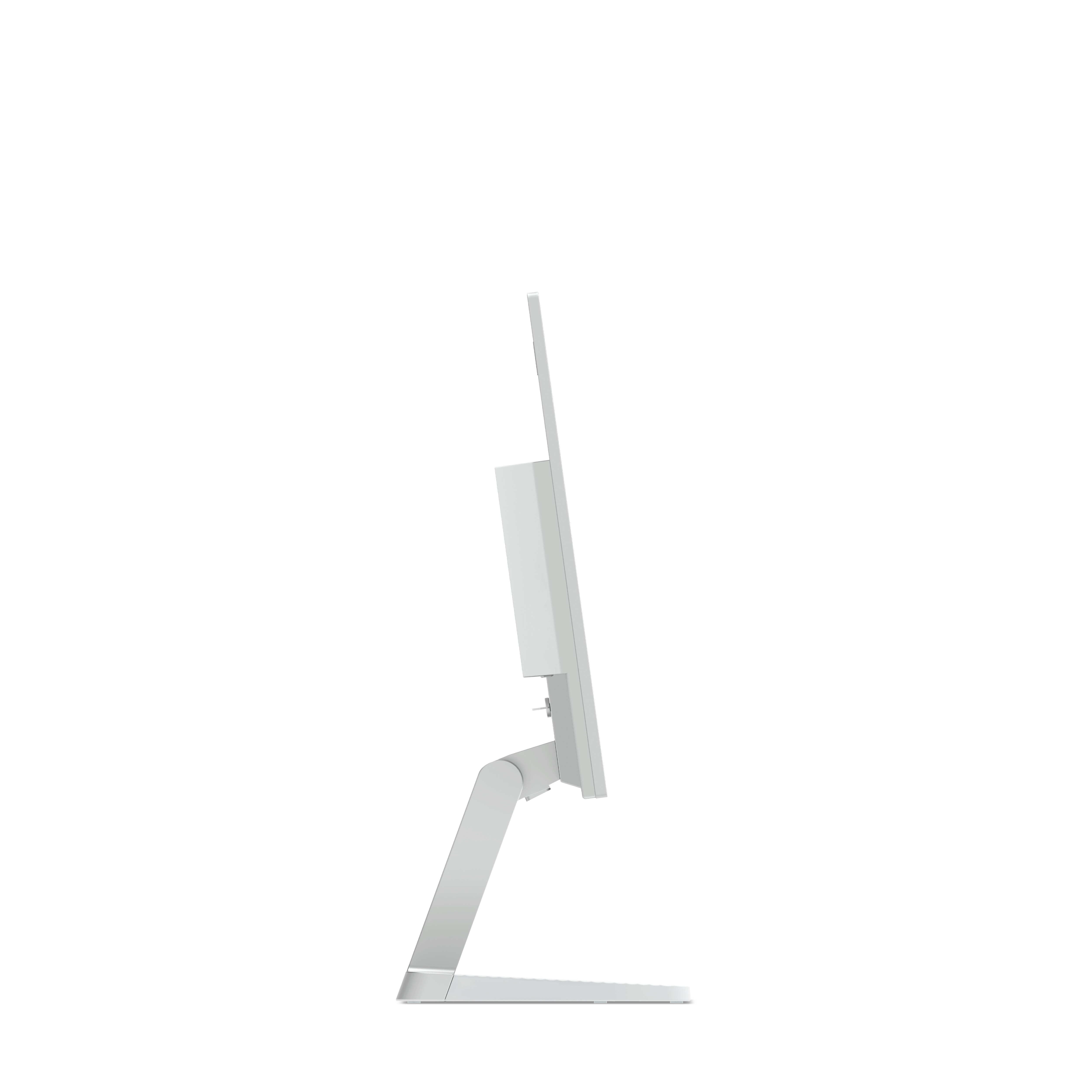 Seitenansicht eines weißen Computermonitors. Der Monitor steht auf einem weißen Ständer. Der Hintergrund ist weiß.