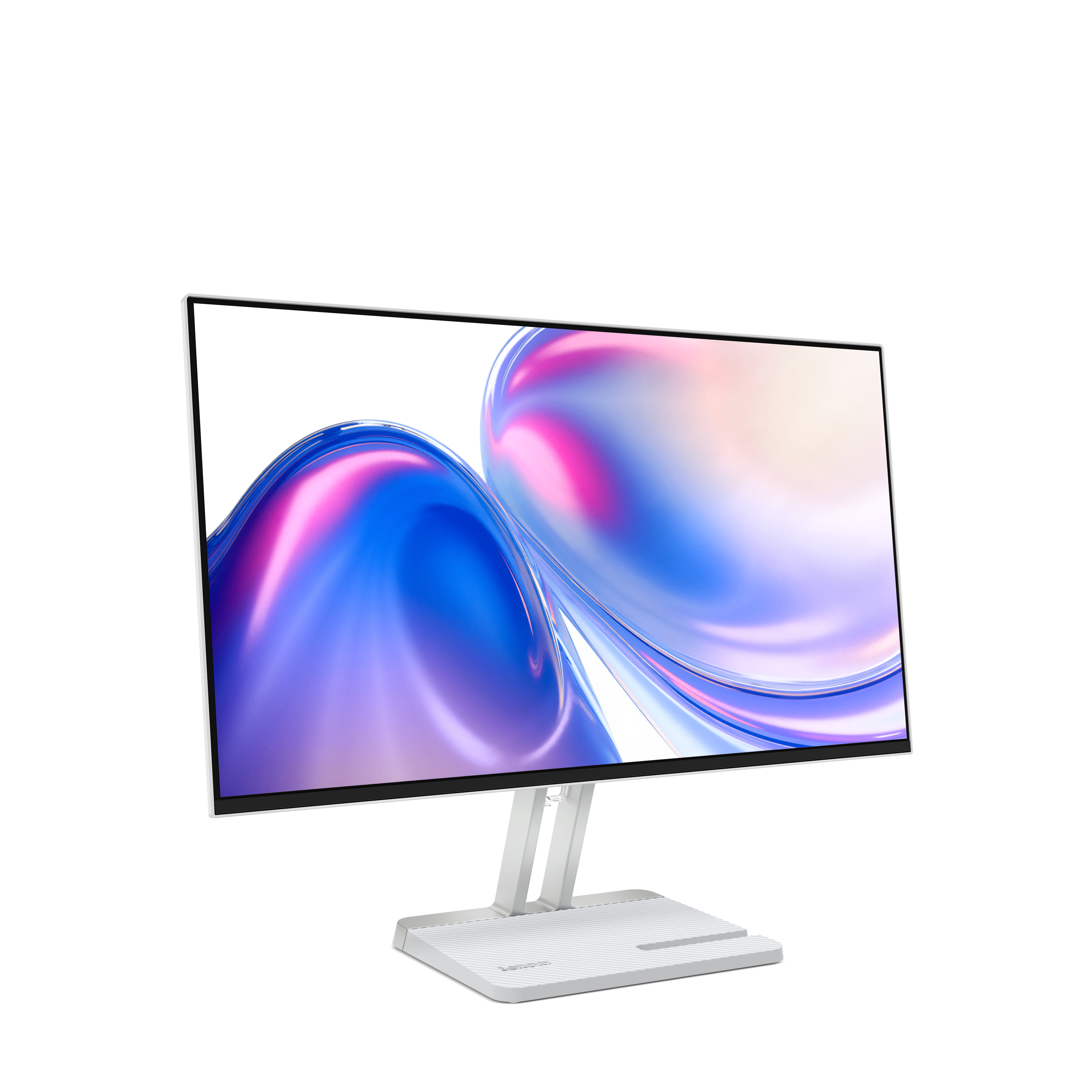 Ein weißer Lenovo-Monitor zeigt ein abstraktes blau-rosa Design. Es hat einen weißen Ständer und einen weißen Hintergrund.