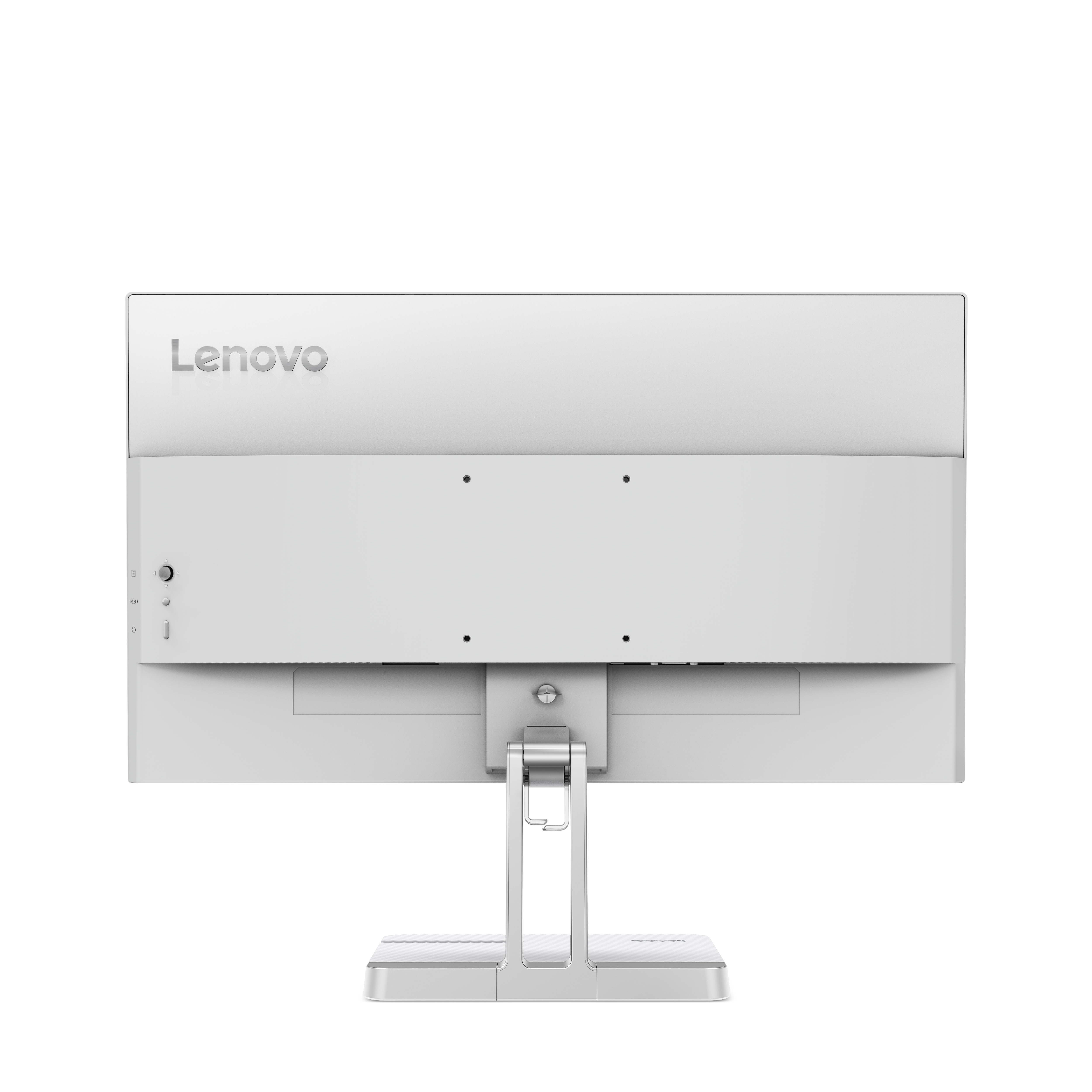 Auf der Rückseite eines weißen Lenovo-Monitors ist das Lenovo-Logo zu sehen. Es hat einen Ständer und Anschlüsse.