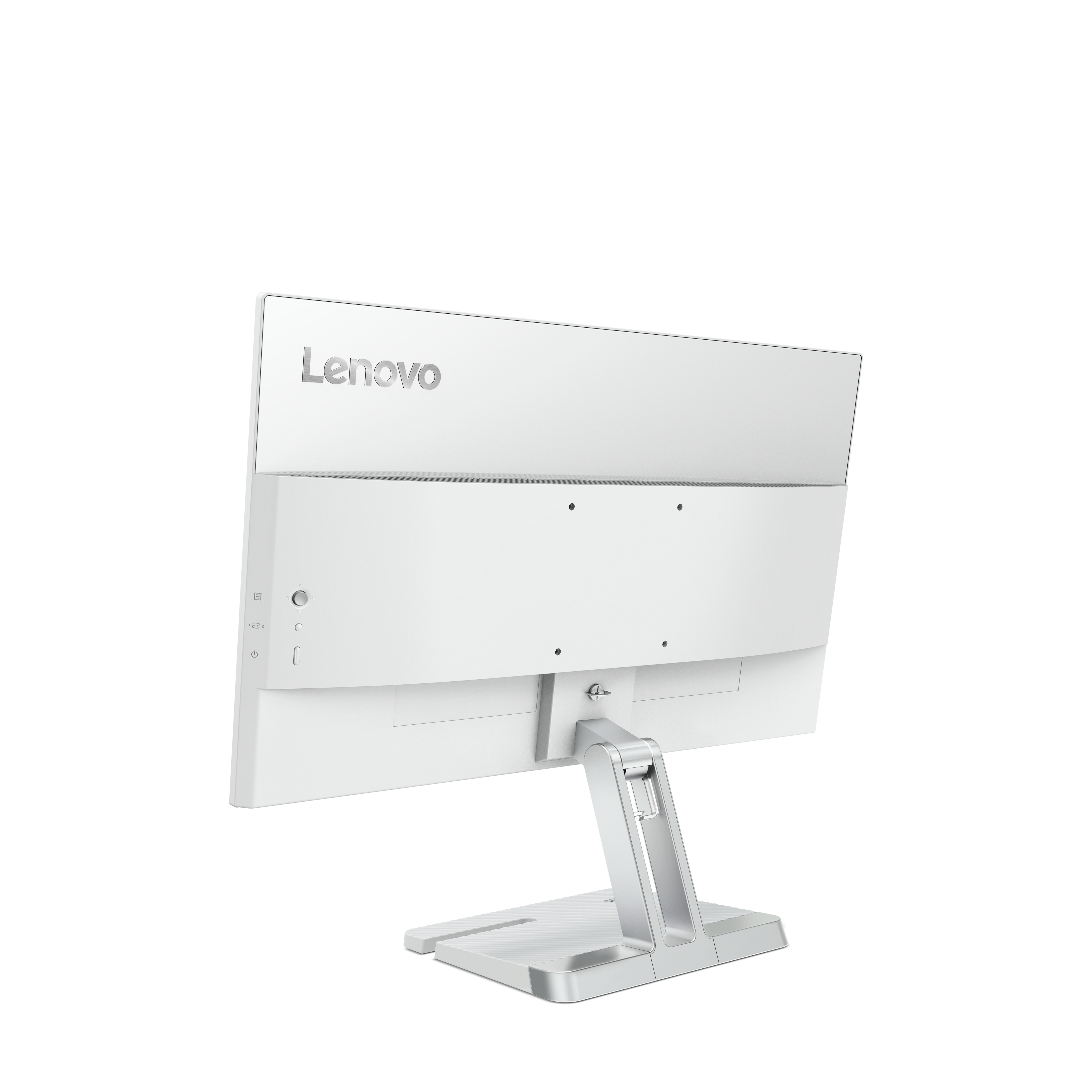 Ein weißer Lenovo-Monitor wird von hinten und seitlich gezeigt. Er hat einen silbernen Ständer und eine weiße Basis.