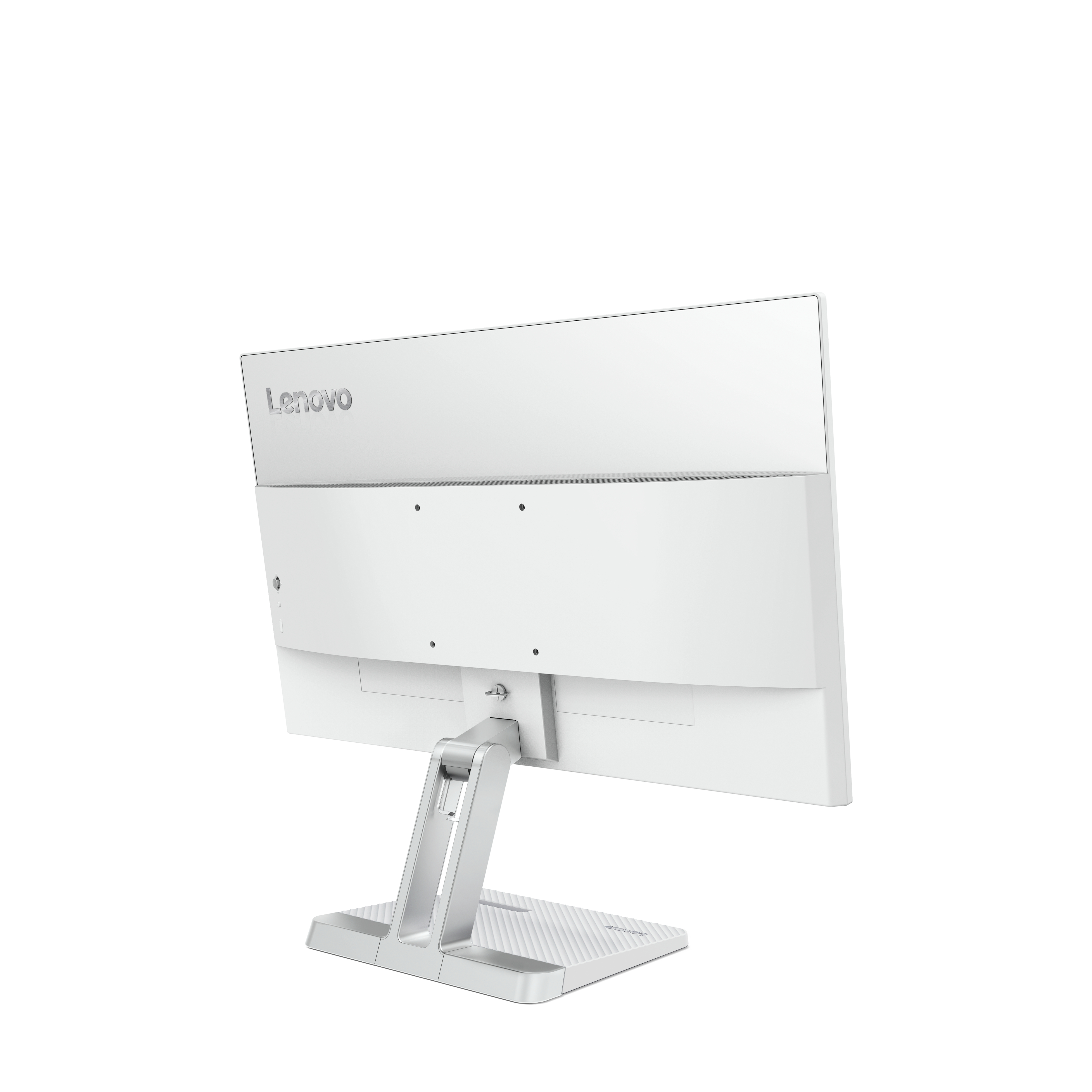 Ein weißer Lenovo-Monitor wird von hinten gezeigt. Der Ständer und die Basis sind silberfarben, der Hintergrund ist weiß.