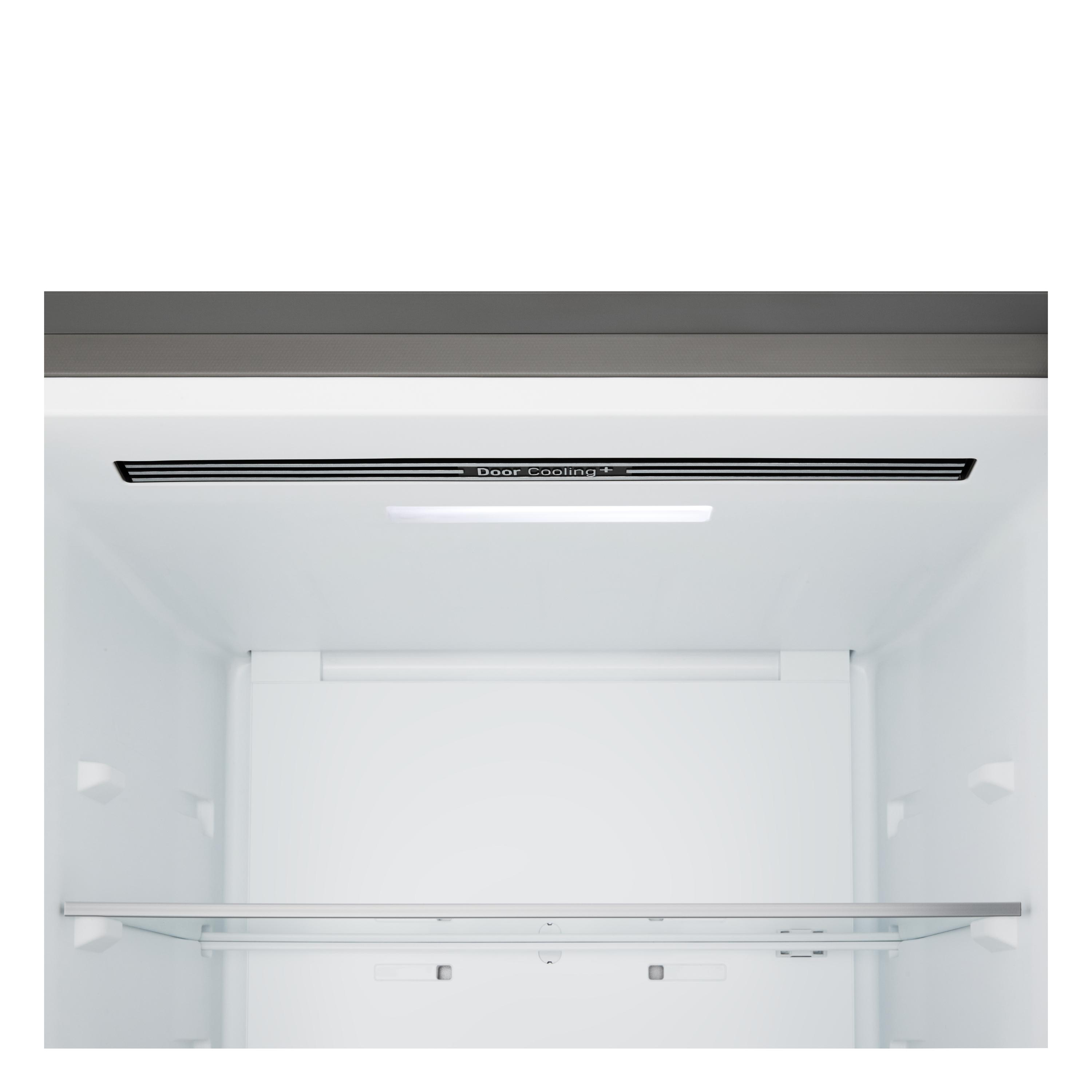 Innenraum eines Kühlschranks, weiß mit Regal. Mit 'Door Cooling+' Lüfter oben.