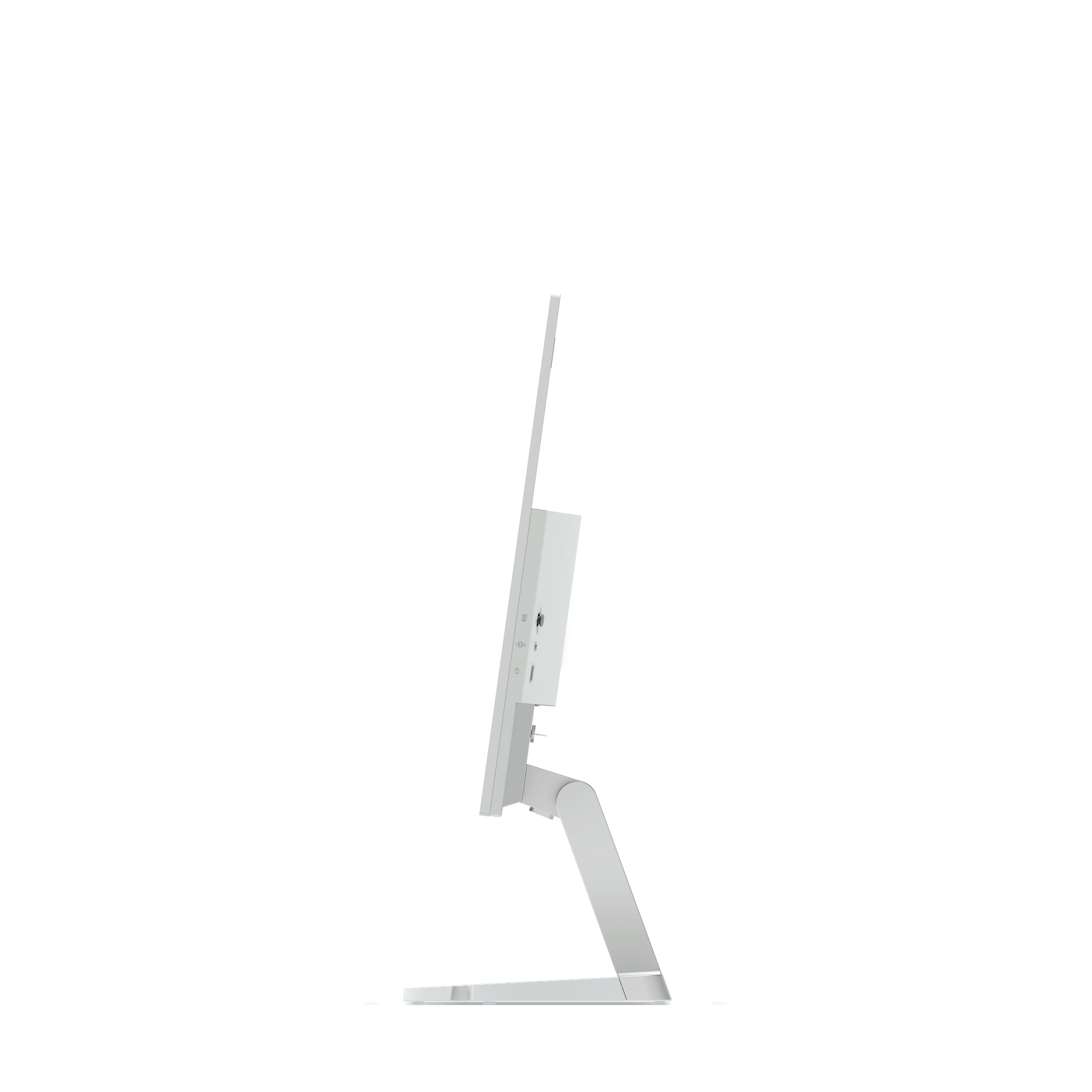 Seitenansicht eines weißen Computermonitors mit Ständer auf weißem Hintergrund.