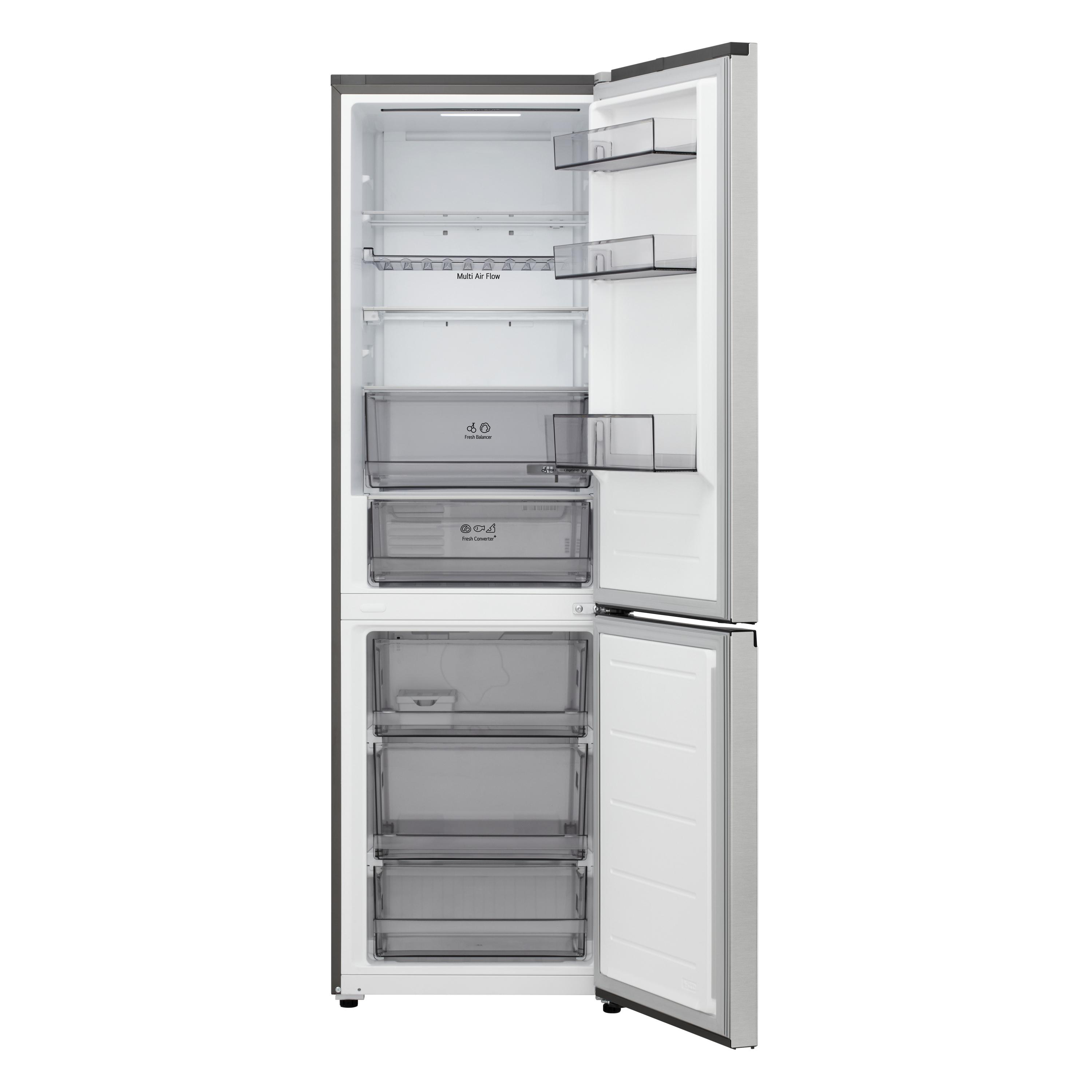 Offener Kühlschrank mit Regalen, Schubladen und Fächern. Edelstahl außen, weiß innen.