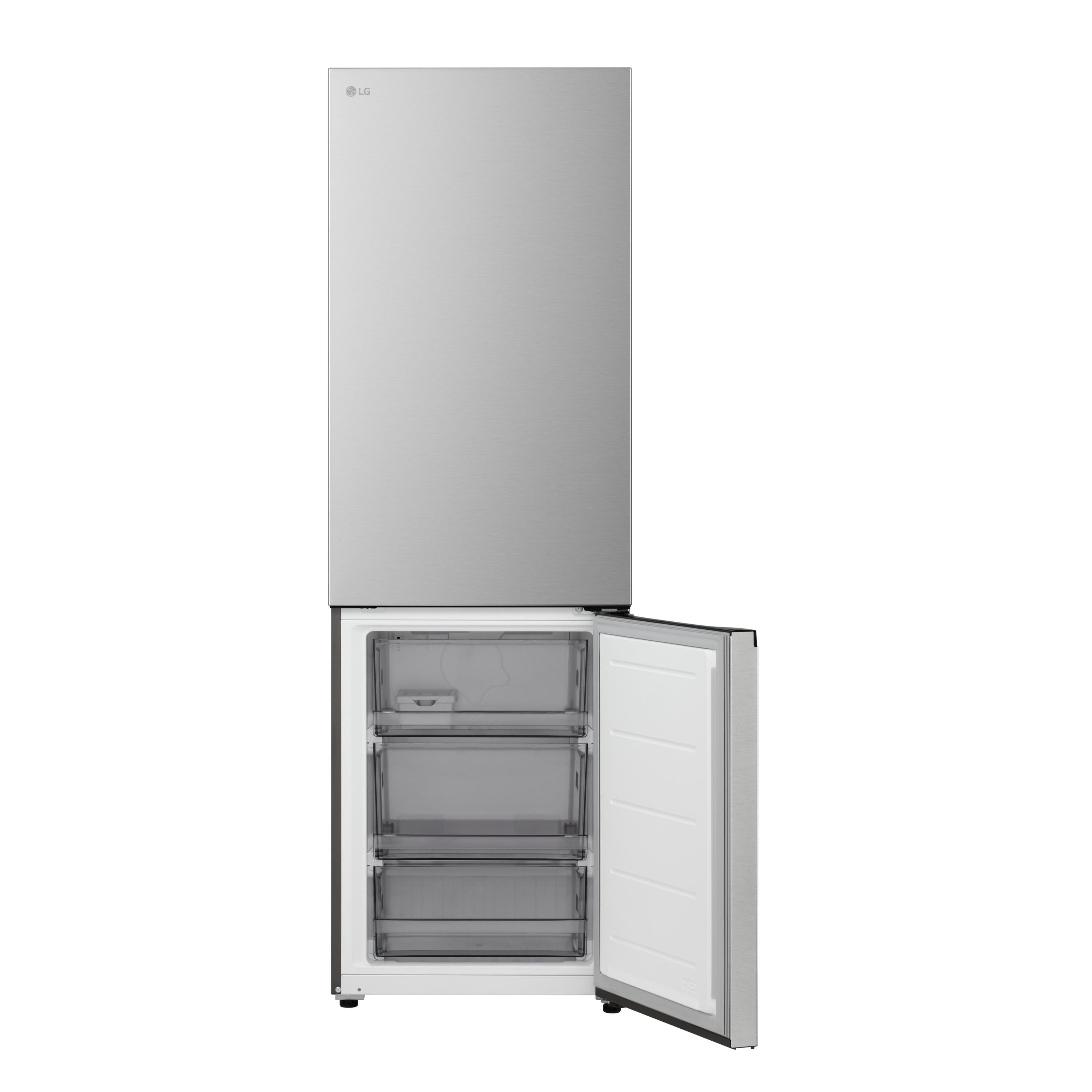 Ein silberner LG-Kühlschrank mit geöffneter Gefrierschublade. Der Gefrierschrank hat drei Fächer. Die Tür ist leicht geöffnet.