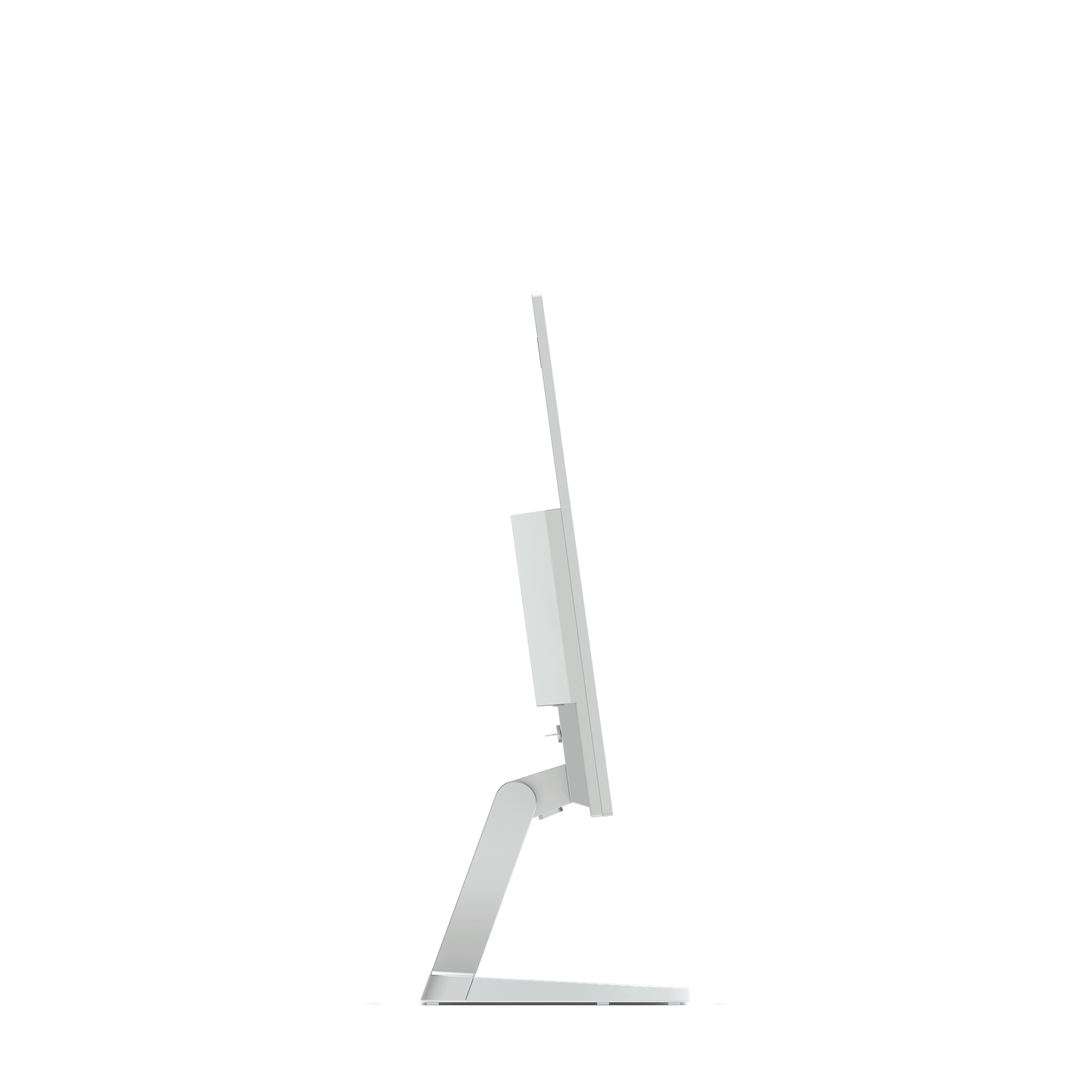 Seitenansicht eines weißen Computermonitors. Der Bildschirm ist dünn und wird von einem Ständer getragen. Alles weißer Hintergrund.