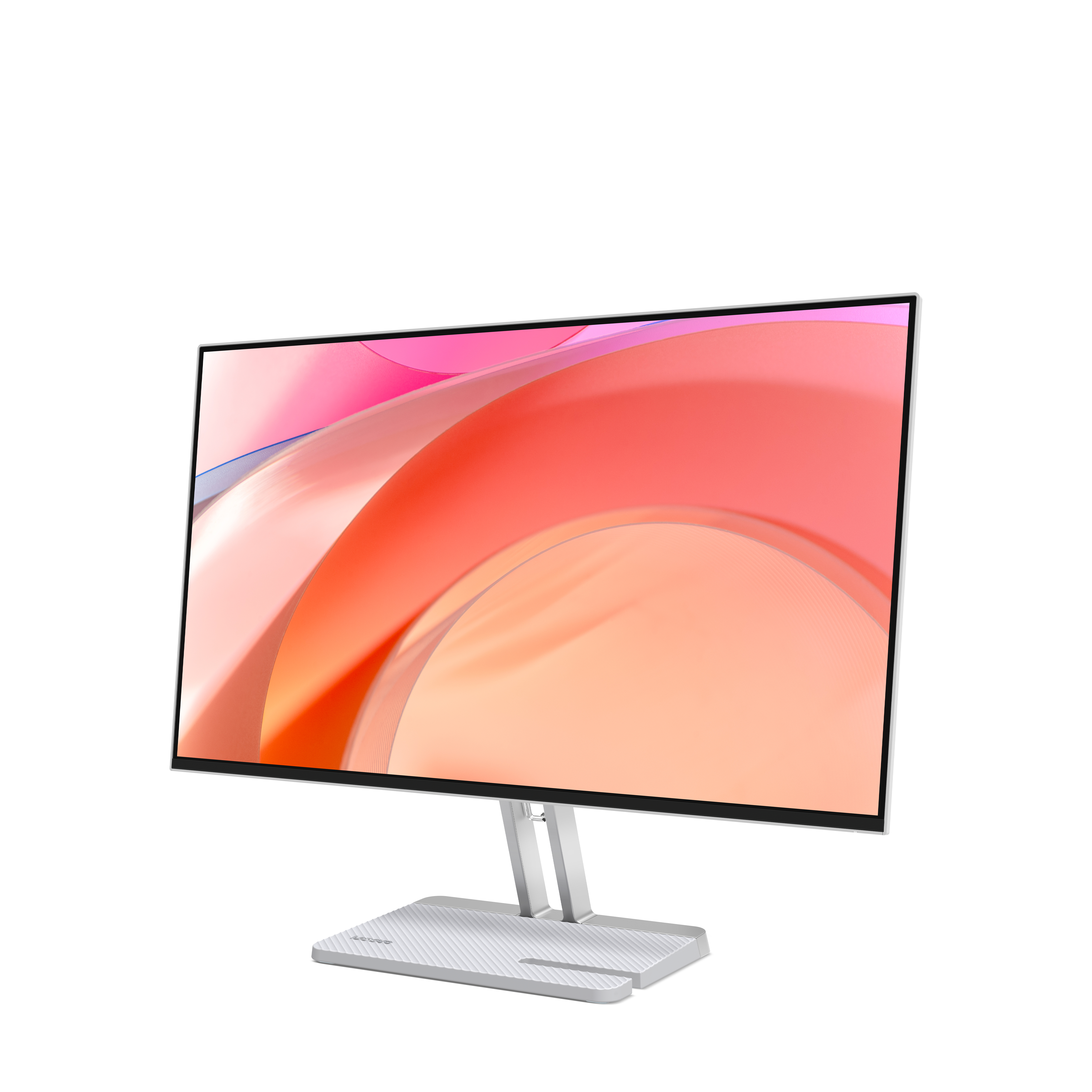 Ein Computermonitor mit weißem Rahmen. Der Bildschirm zeigt abstrakte rosa und orangefarbene Formen. Die Basis ist silber.